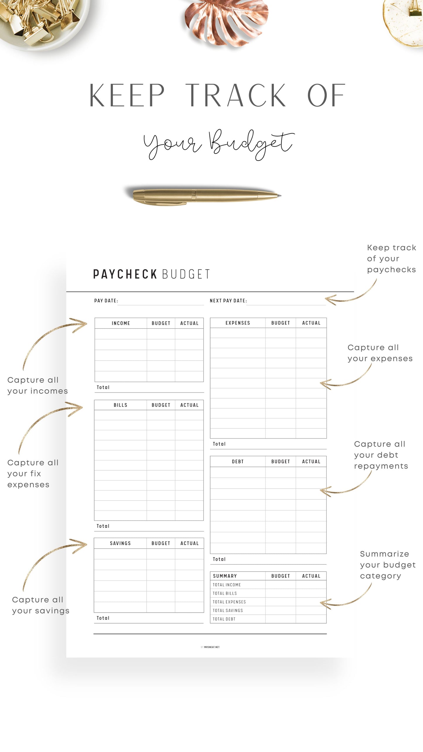 Clean and Minimalist Printable Paycheck Budget Template
