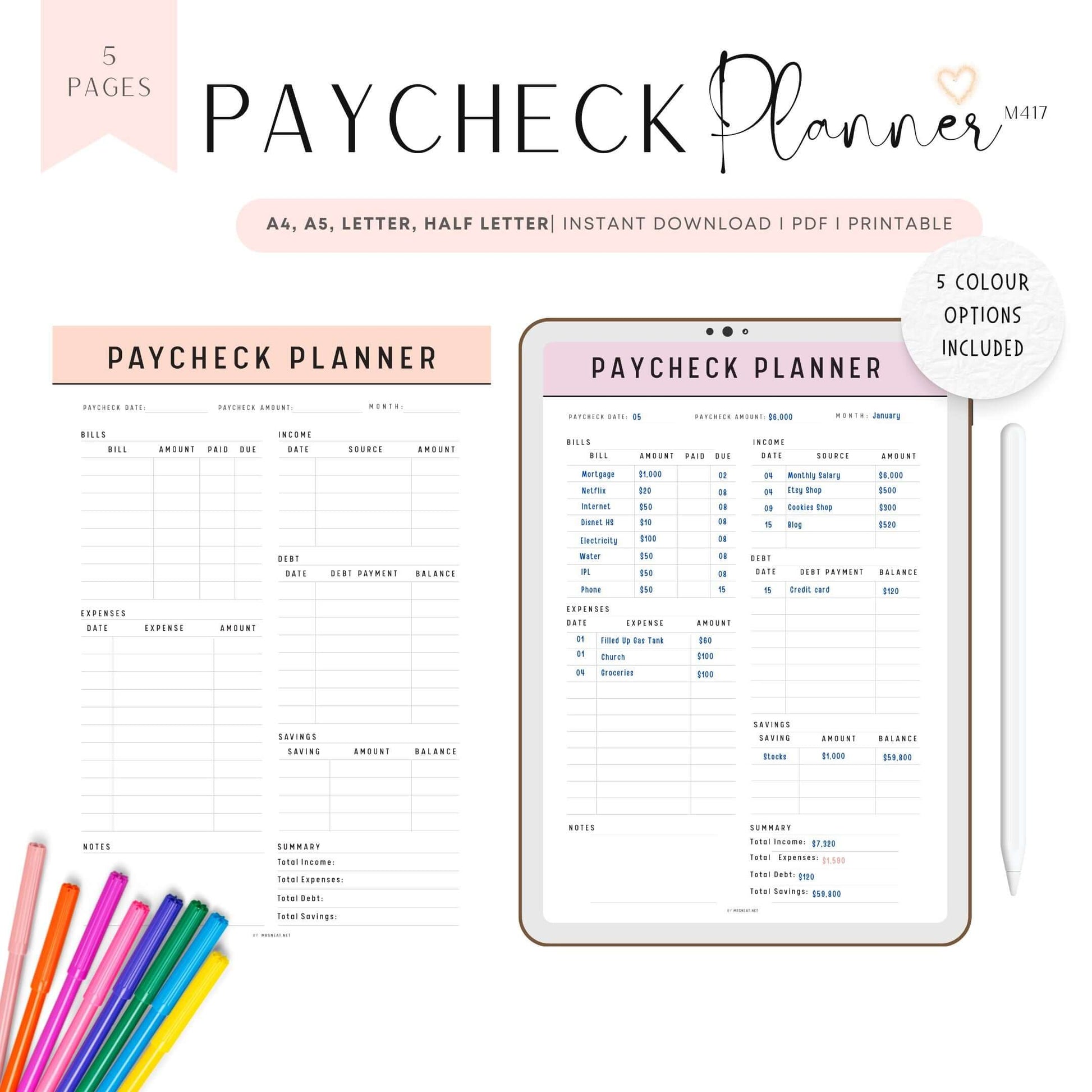 Paycheck Budget Template Printable, A4, A5, Letter, Half Letter, 5 color options included, Green, Peach, Blue, Pink, Minimalist Budget Planner Template, Digital Planner