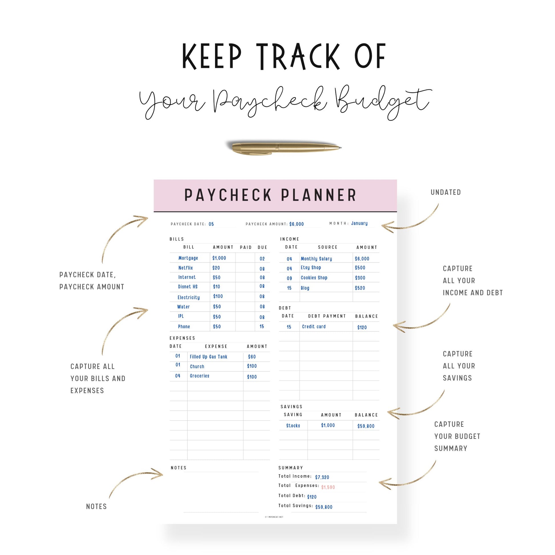 Paycheck Budget Template Printable, A4, A5, Letter, Half Letter, 5 color options included, Green, Peach, Blue, Pink, Minimalist Budget Planner Template, Digital Planner