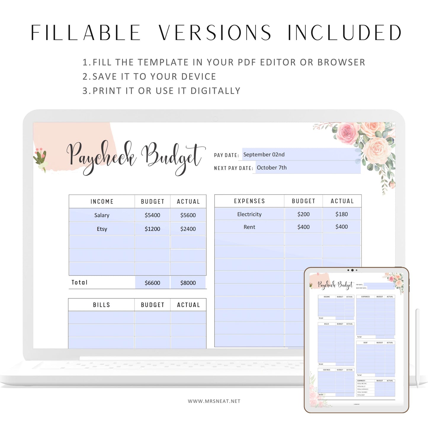 Floral Paycheck Budget Template Printable, Monthly Budget Planner, Fillable Bi-weekly budget, A4, A5, Letter, Half Letter, PDF