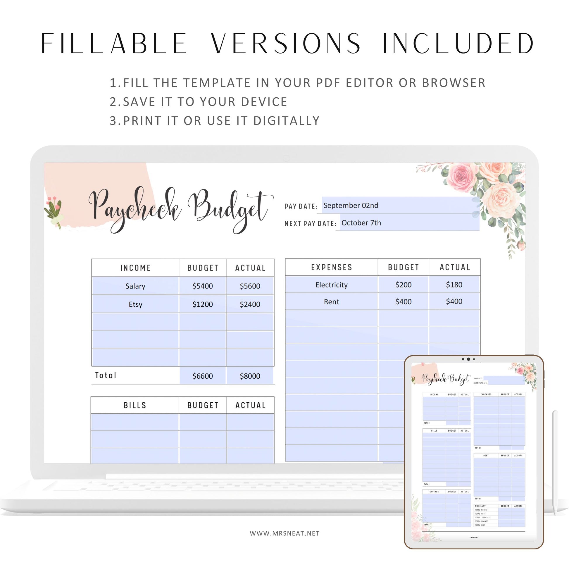 Floral Paycheck Budget Template Printable, Monthly Budget Planner, Fillable Bi-weekly budget, A4, A5, Letter, Half Letter, PDF