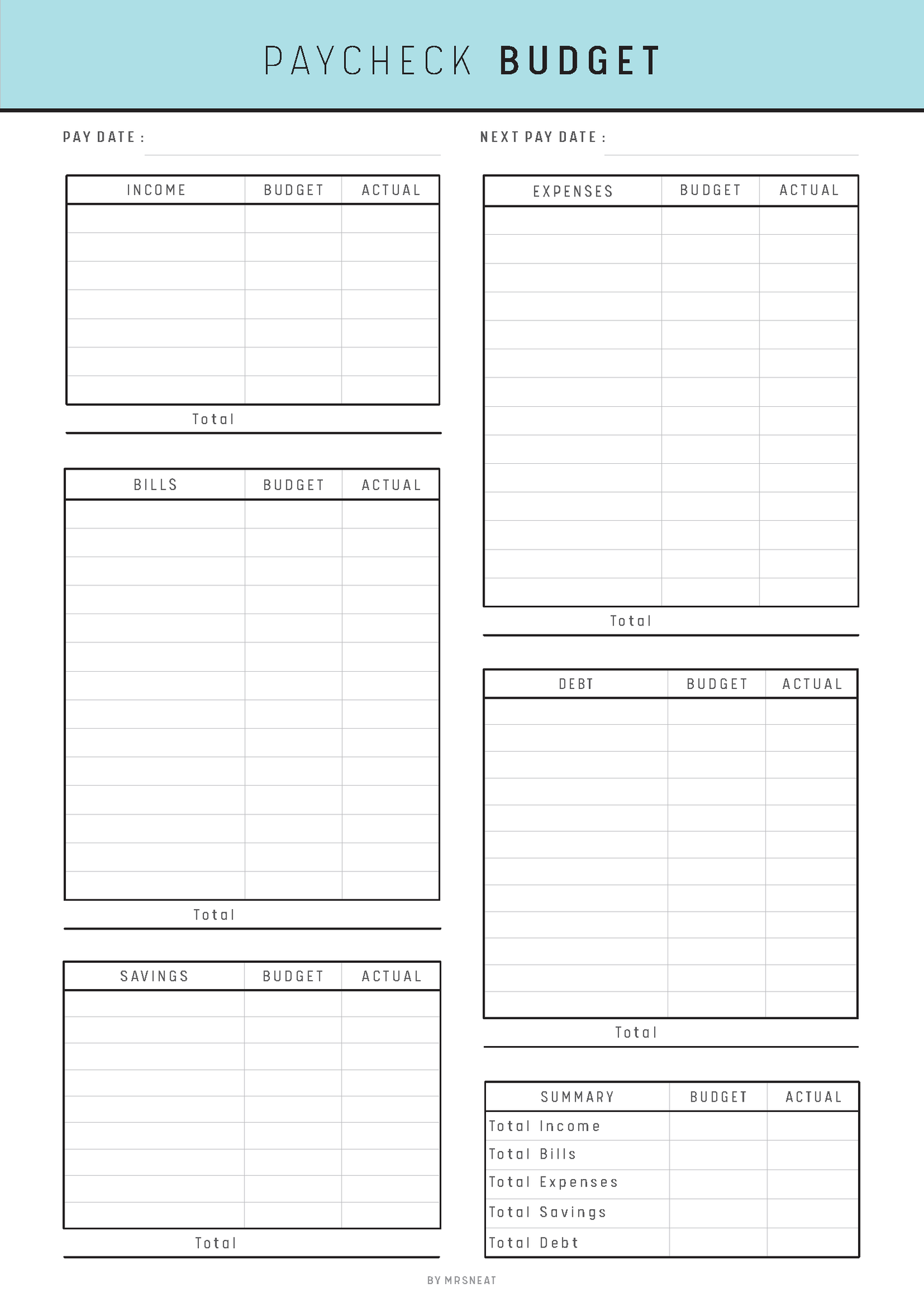 Paycheck budget planner with income, expenses, and savings sections on a light blue background