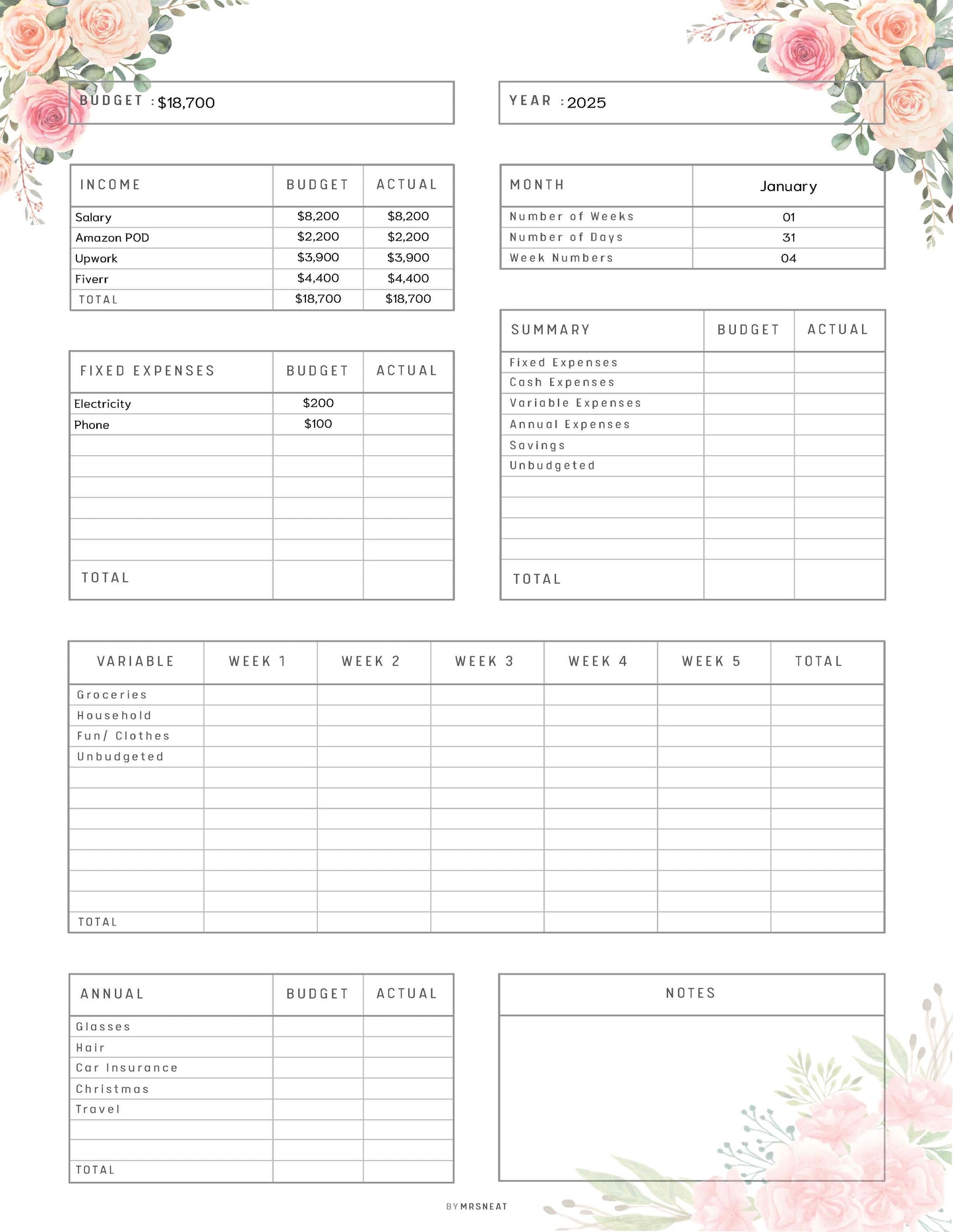 Fillable Budget Sheet Printable Planner, Budget Template, Paycheck Budget, Paycheck Tracker, Bi Weekly Budget, Weekly Budget, 4 Colors, 3 versions, A4, Digital Planner, Printable Planner, 13 Pages, Floral Theme