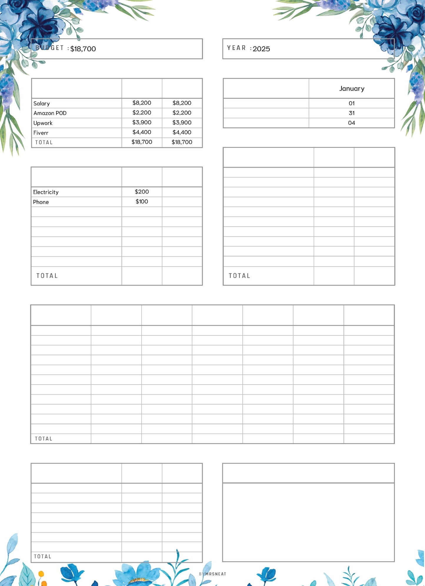 Fillable Budget Sheet Printable Planner, Budget Template, Paycheck Budget, Paycheck Tracker, Bi Weekly Budget, Weekly Budget, 4 Colors, 3 versions, A4, Digital Planner, Printable Planner, 13 Pages, Floral Theme