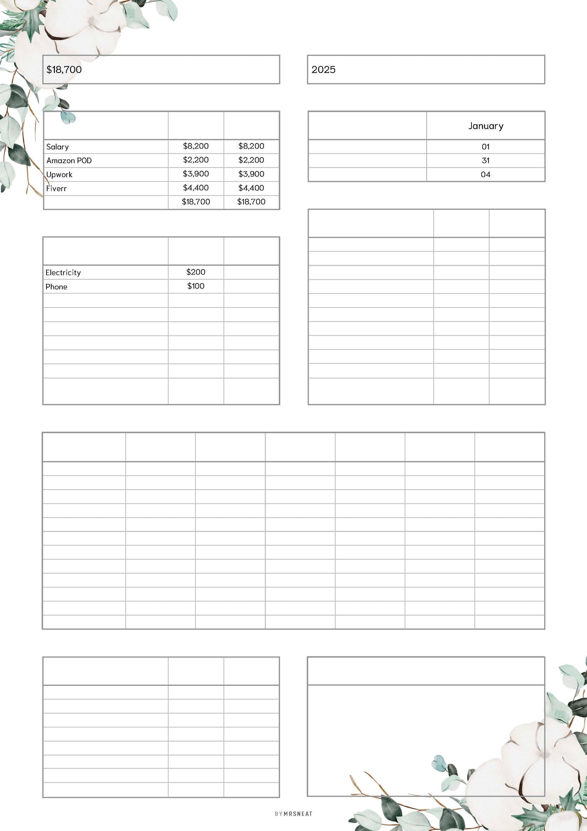 Fillable Budget Sheet Printable Planner, Budget Template, Paycheck Budget, Paycheck Tracker, Bi Weekly Budget, Weekly Budget, 4 Colors, 3 versions, A4, Digital Planner, Printable Planner, 13 Pages, Floral Theme