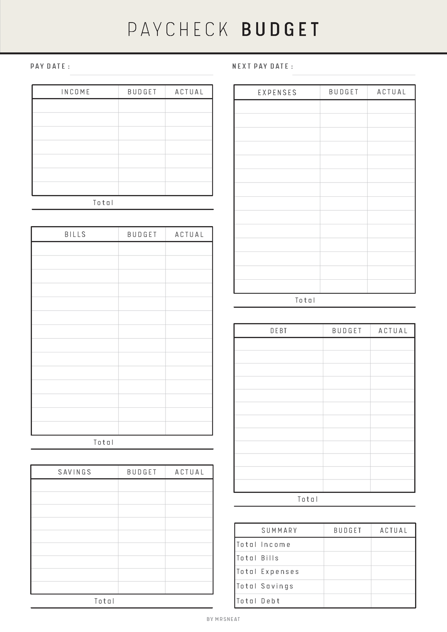 Paycheck budget sheet with income, expenses, and savings tracking sections.