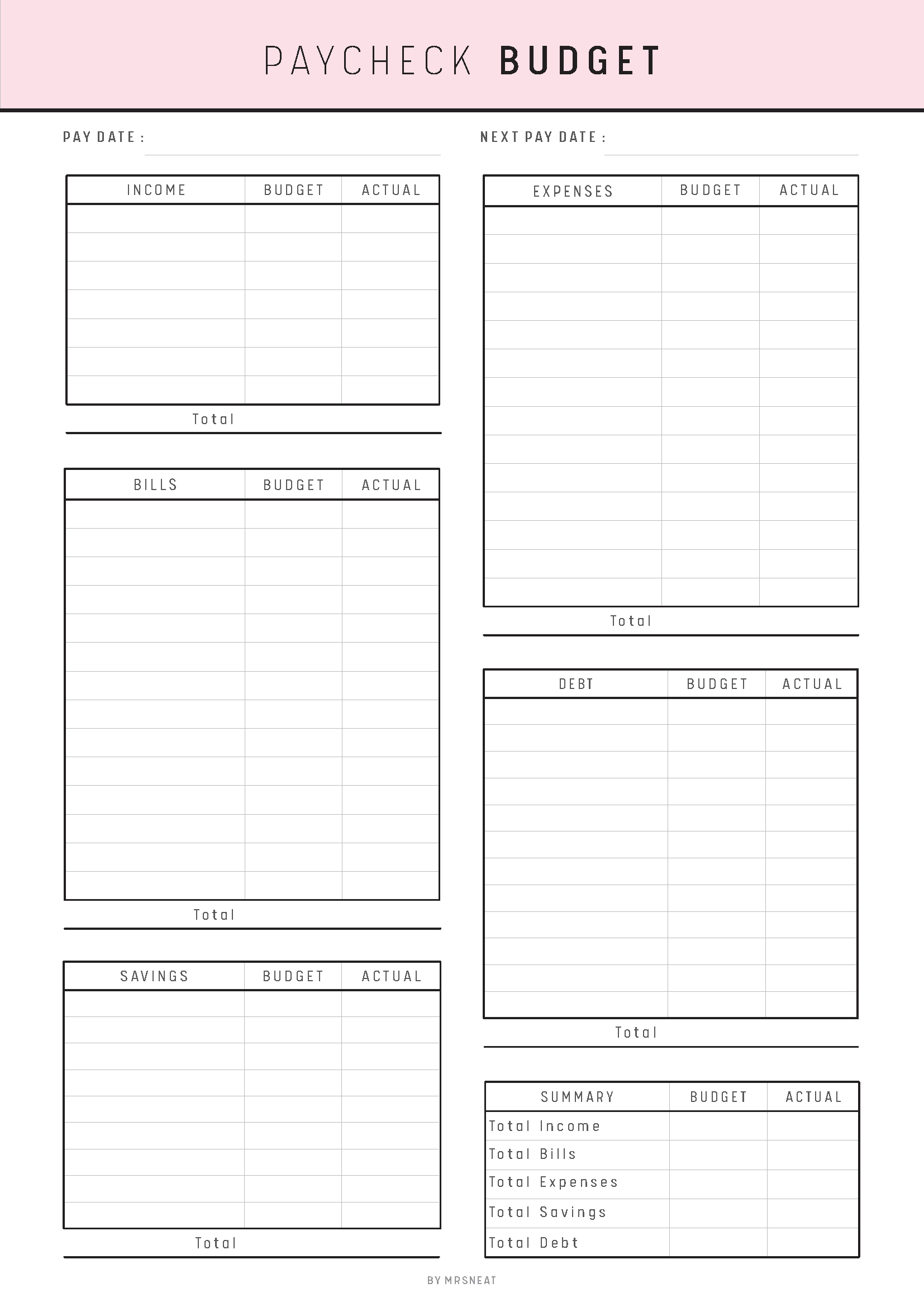 Paycheck budget planner with income, expenses, and savings sections on a pink background