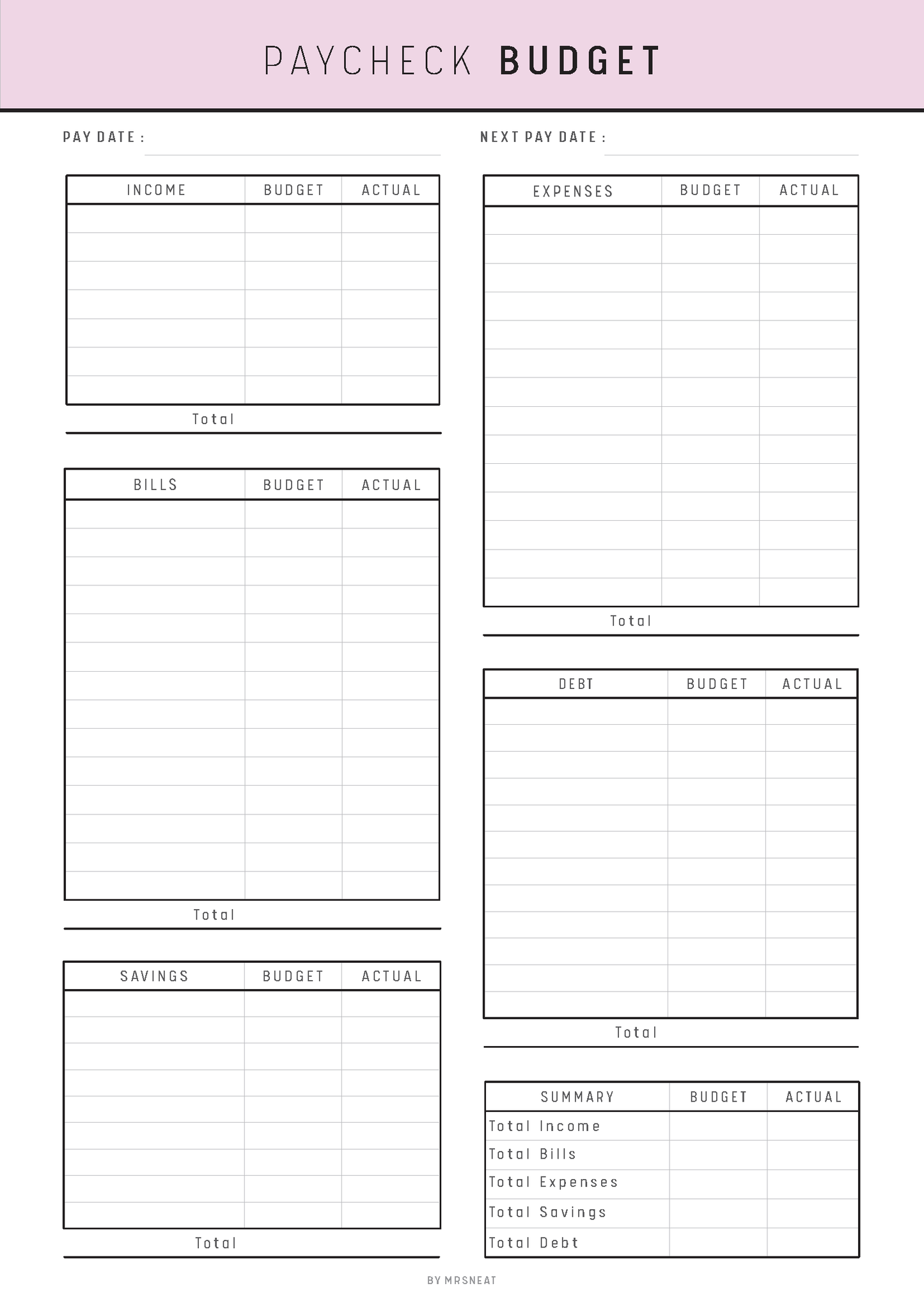 Paycheck budget planner with income, expenses, and savings sections on a pink background