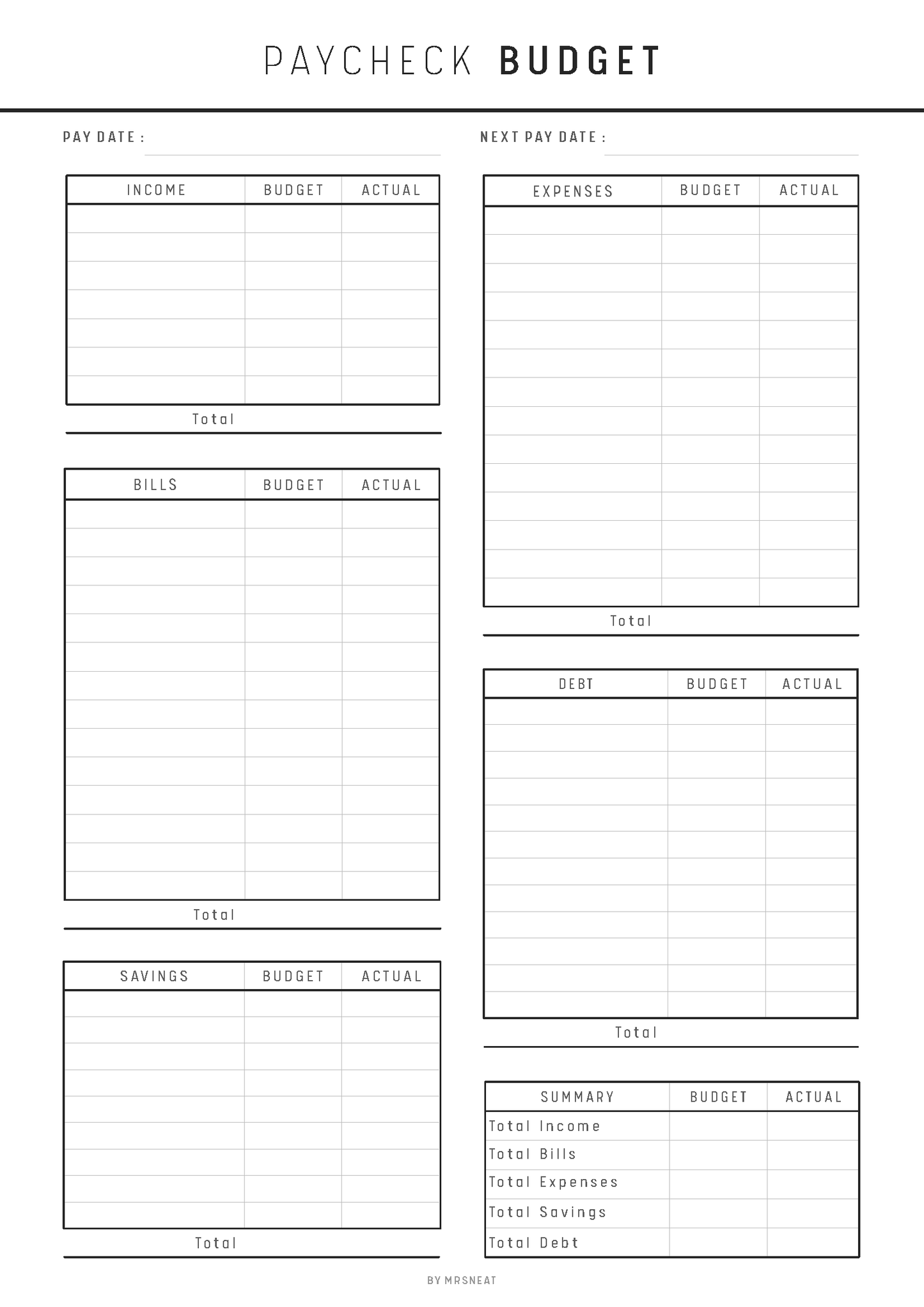 Paycheck budget planner with income, expenses, and savings sections.