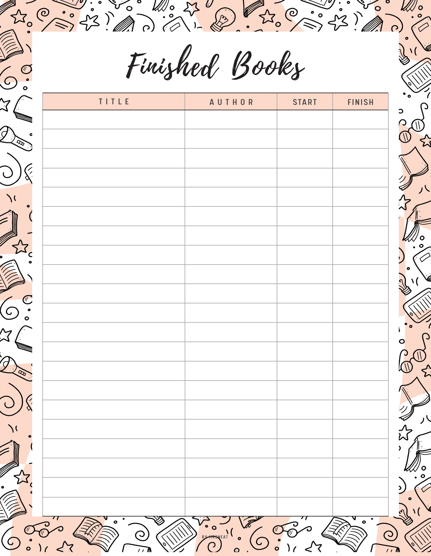 Finished Books tracker with book-themed border and columns for title, author, start, and finish.