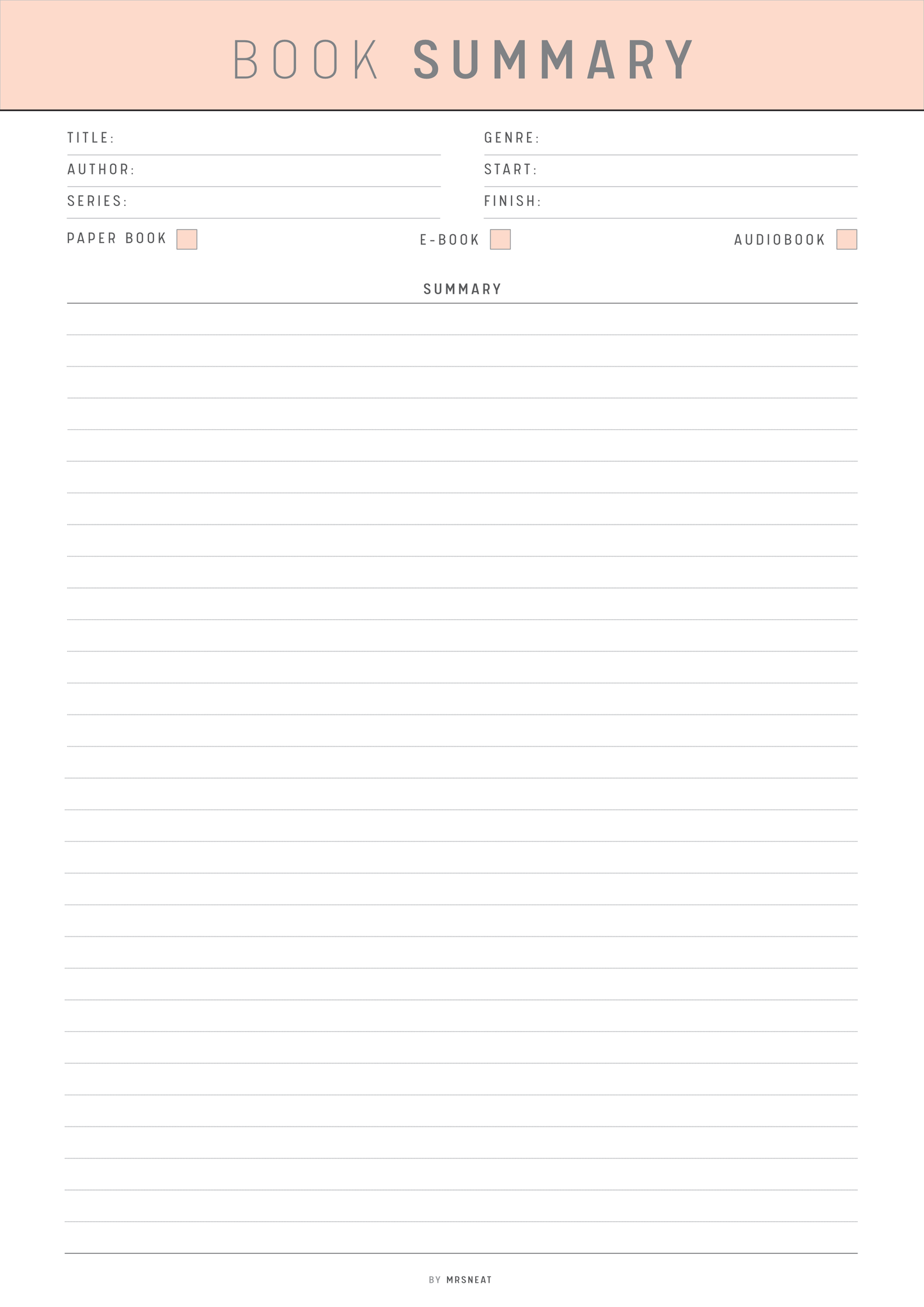 Blank book summary template with a pink header and white background