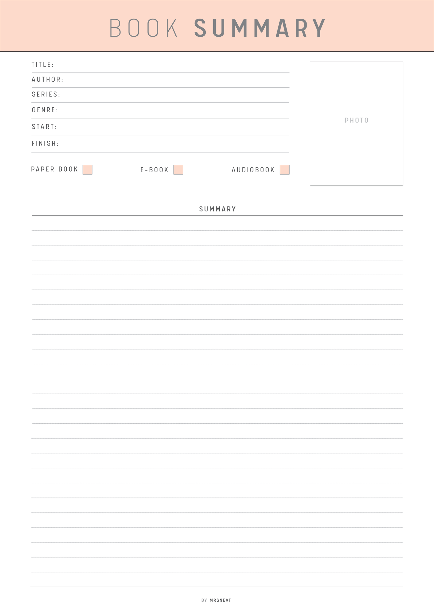 Blank book summary form with fields for title, author, series, genre, start, finish, paper book, e-book, audiobook, and summary.