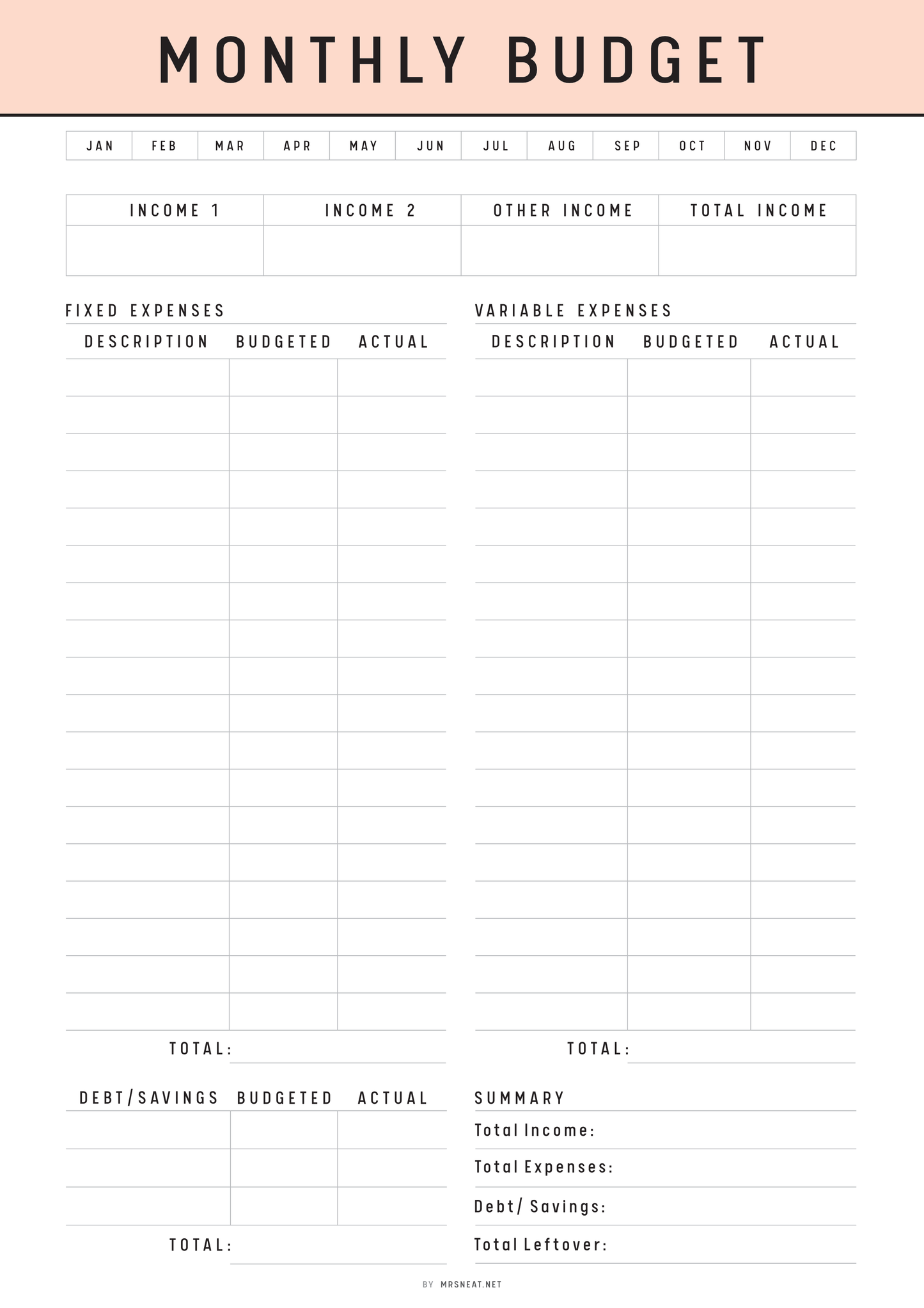Monthly budget template with columns for income, expenses, and totals on a white background.