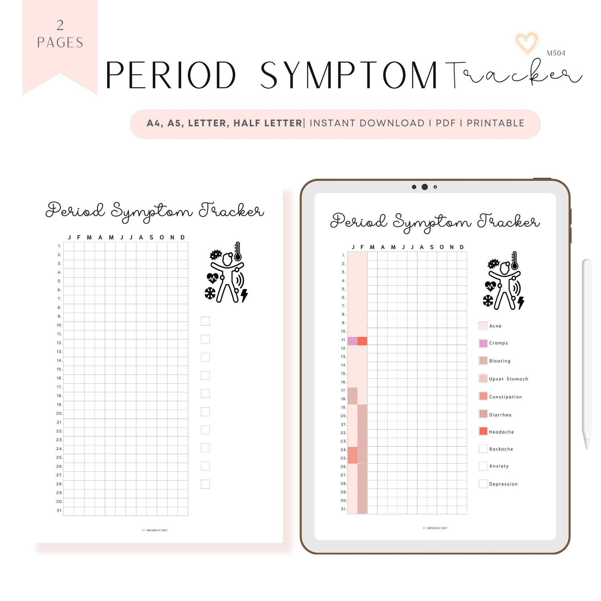 Period Symptom Tracker Printable PDF, A4, A5, Letter, Half Letter, Minimalist Planner, Digital Planner, Pre-filled & Blank