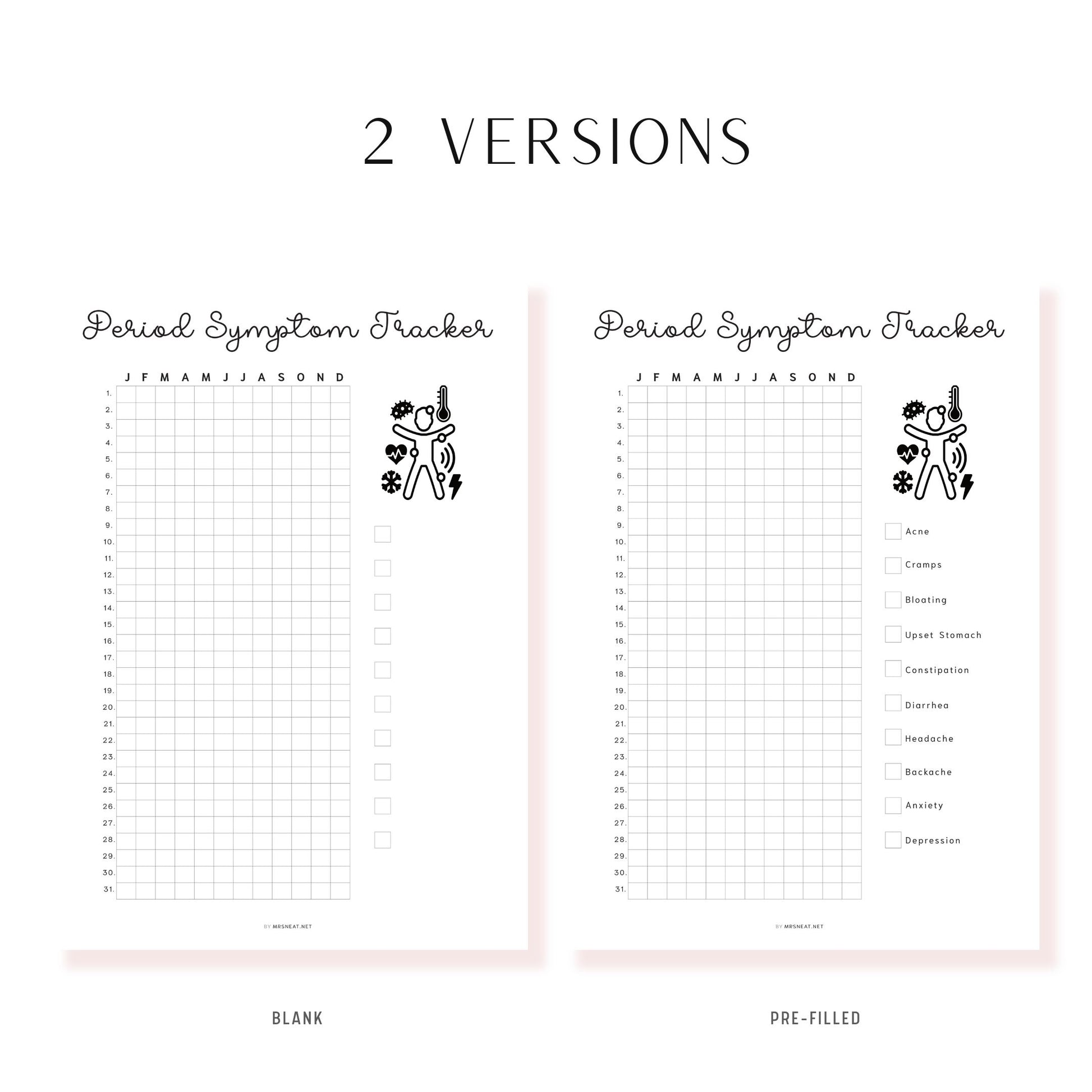 Period Symptom Tracker Printable PDF, A4, A5, Letter, Half Letter, Minimalist Planner, Digital Planner, Pre-filled & Blank