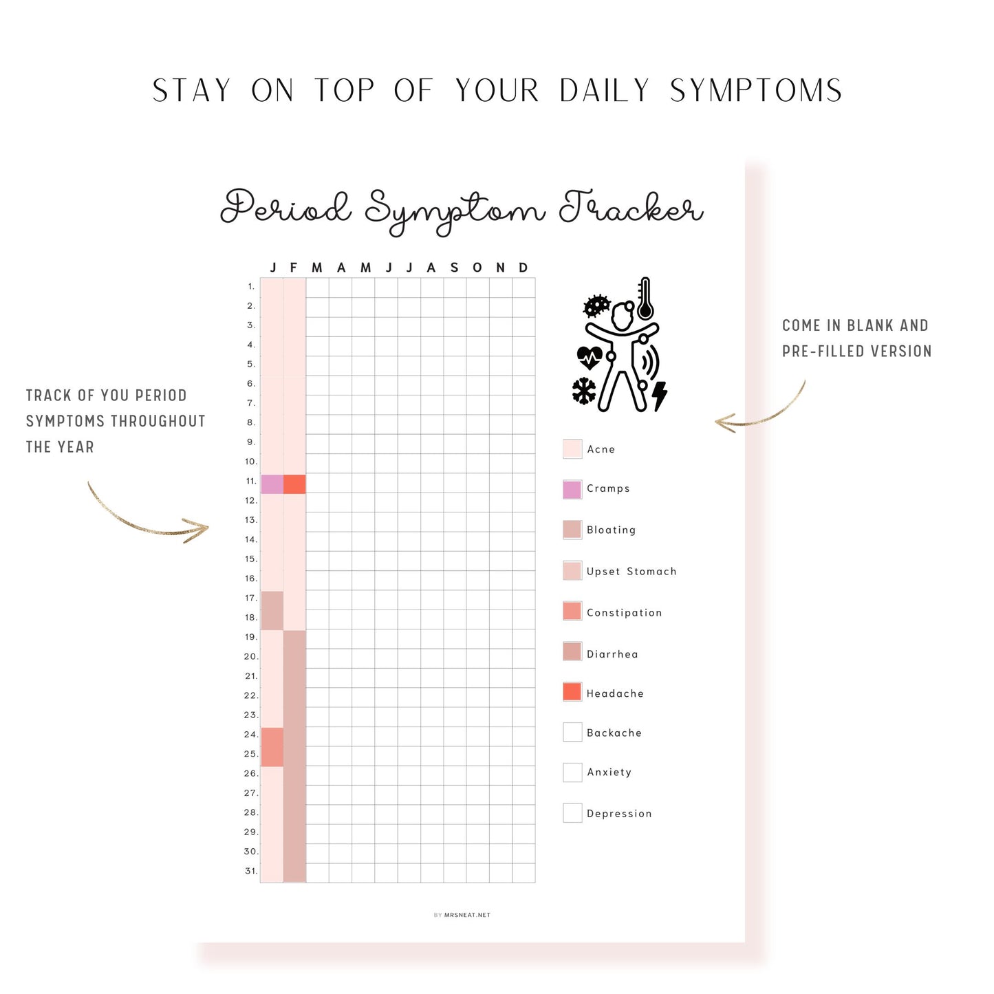 Period Symptom Tracker Printable PDF, A4, A5, Letter, Half Letter, Minimalist Planner, Digital Planner, Pre-filled & Blank
