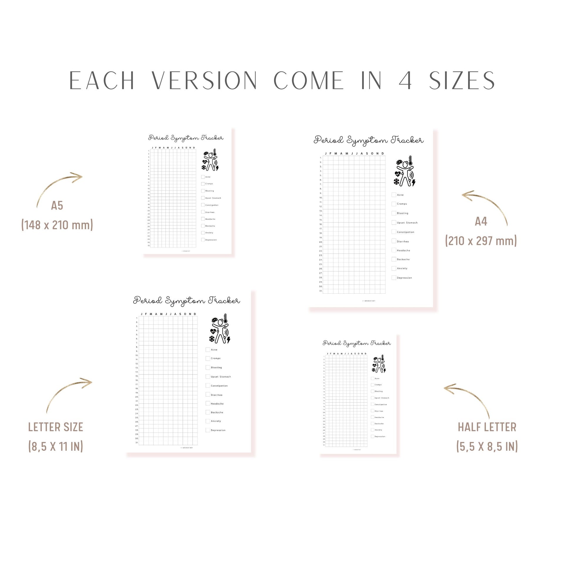 Period Symptom Tracker Printable PDF, A4, A5, Letter, Half Letter, Minimalist Planner, Digital Planner, Pre-filled & Blank