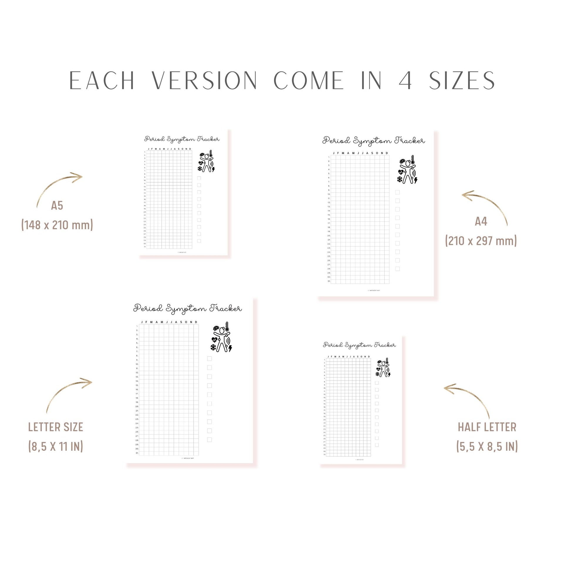 Period Symptom Tracker Printable PDF, A4, A5, Letter, Half Letter, Minimalist Planner, Digital Planner, Pre-filled & Blank