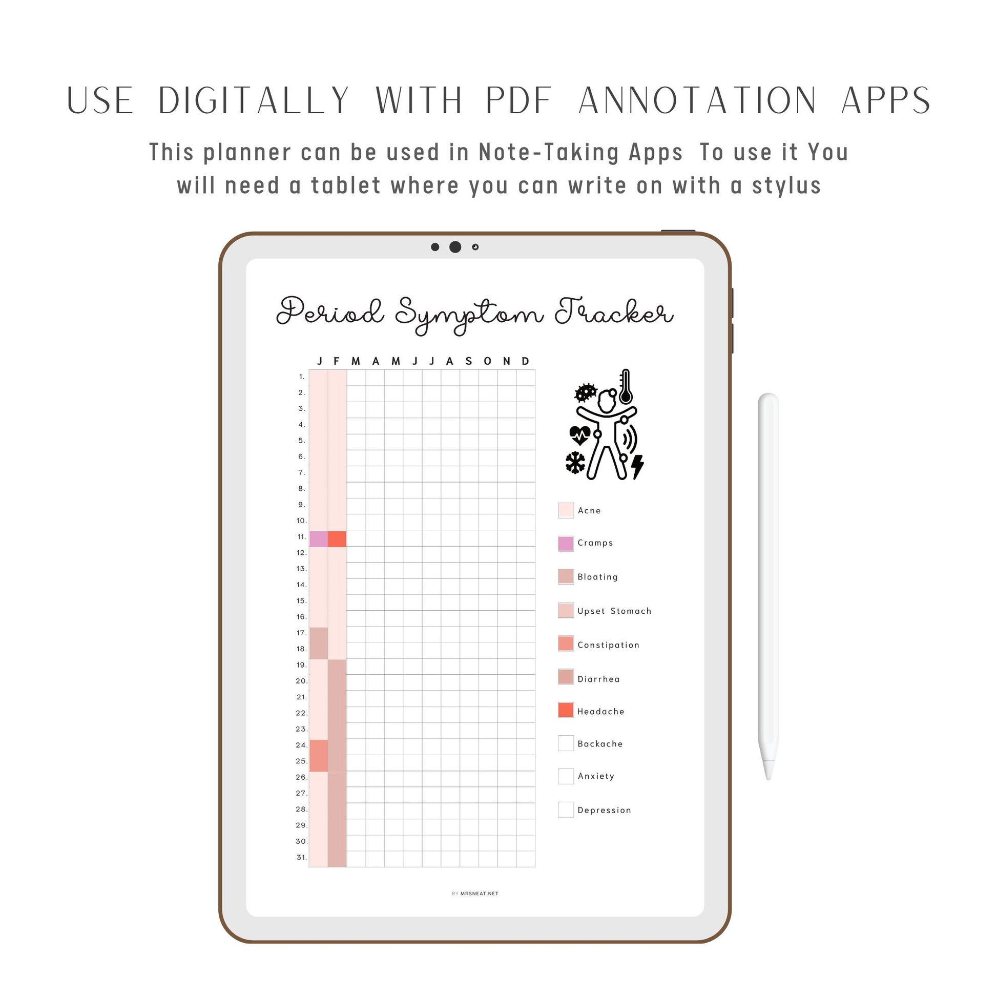 Period Symptom Tracker Printable PDF, A4, A5, Letter, Half Letter, Minimalist Planner, Digital Planner, Pre-filled & Blank