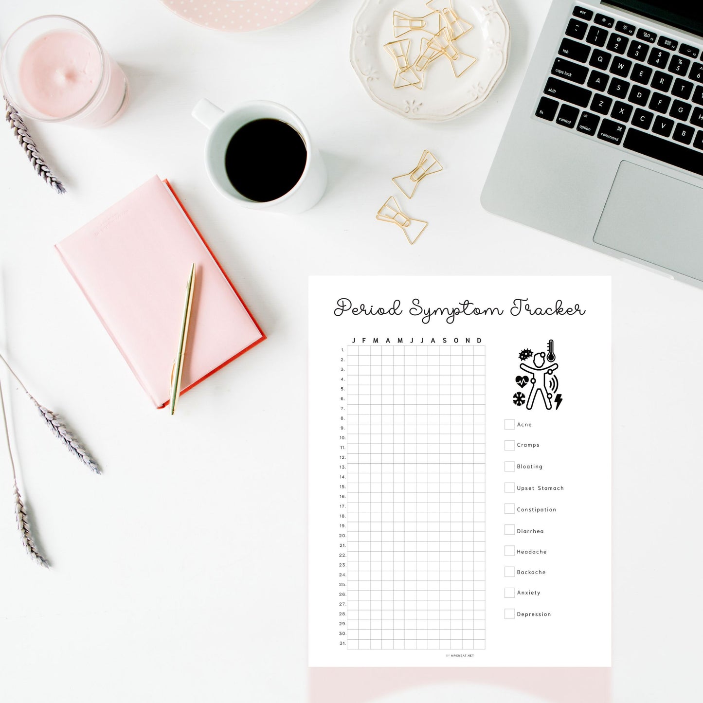 Period Symptom Tracker Printable PDF, A4, A5, Letter, Half Letter, Minimalist Planner, Digital Planner, Pre-filled & Blank