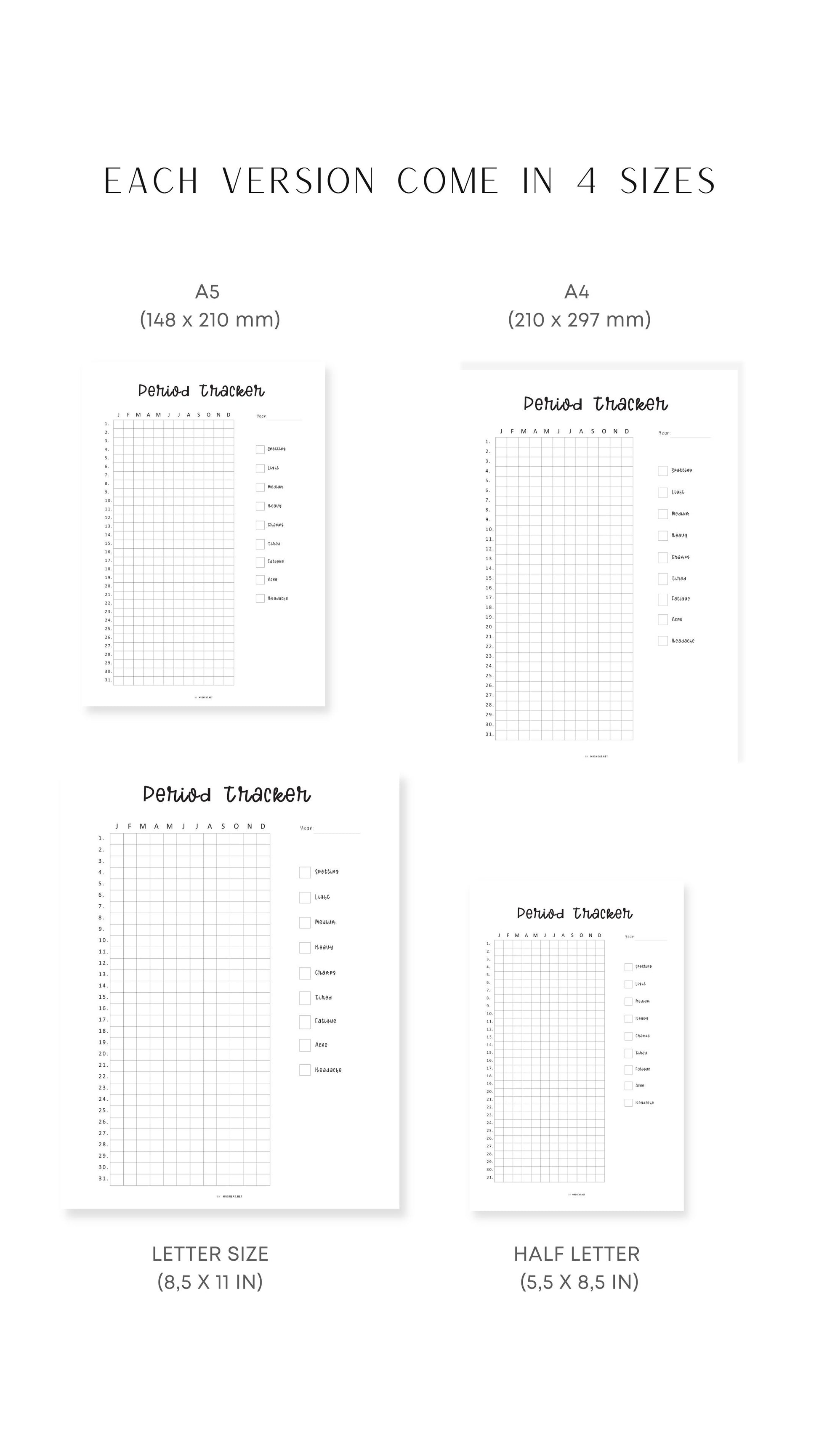A4, A5, Letter, Half Letter One Year Period Tracker Template
