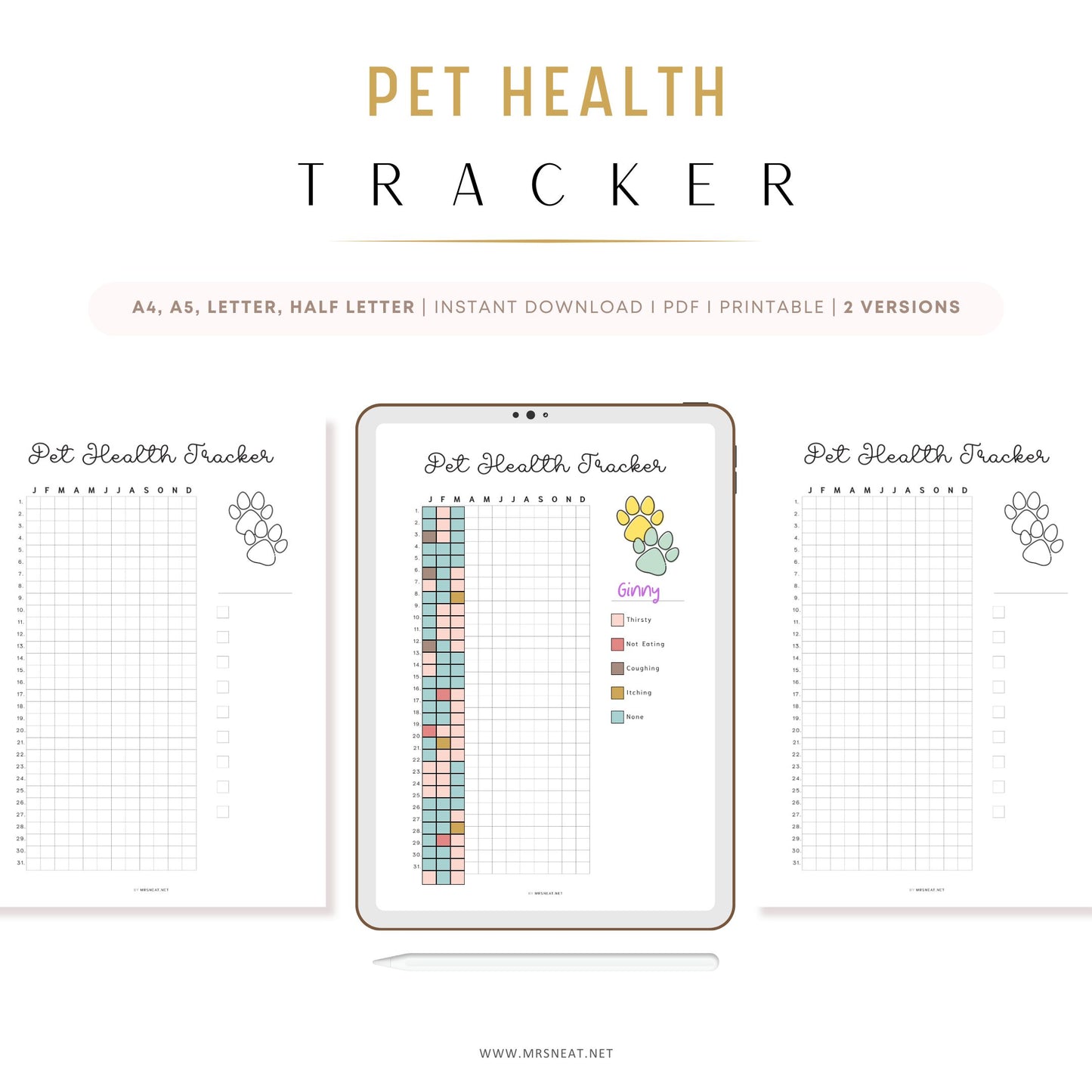 Pet Health Tracker, PRINTABLE Journal Page, Symptom Tracker, Pet Tracker, Track Pet Health, Dog Health, Cat Health, Sickness Tracker, Printable Planner, Digital Planner, 2 versions (Pre-filled and Blank), A4, A5, Letter, Half Letter