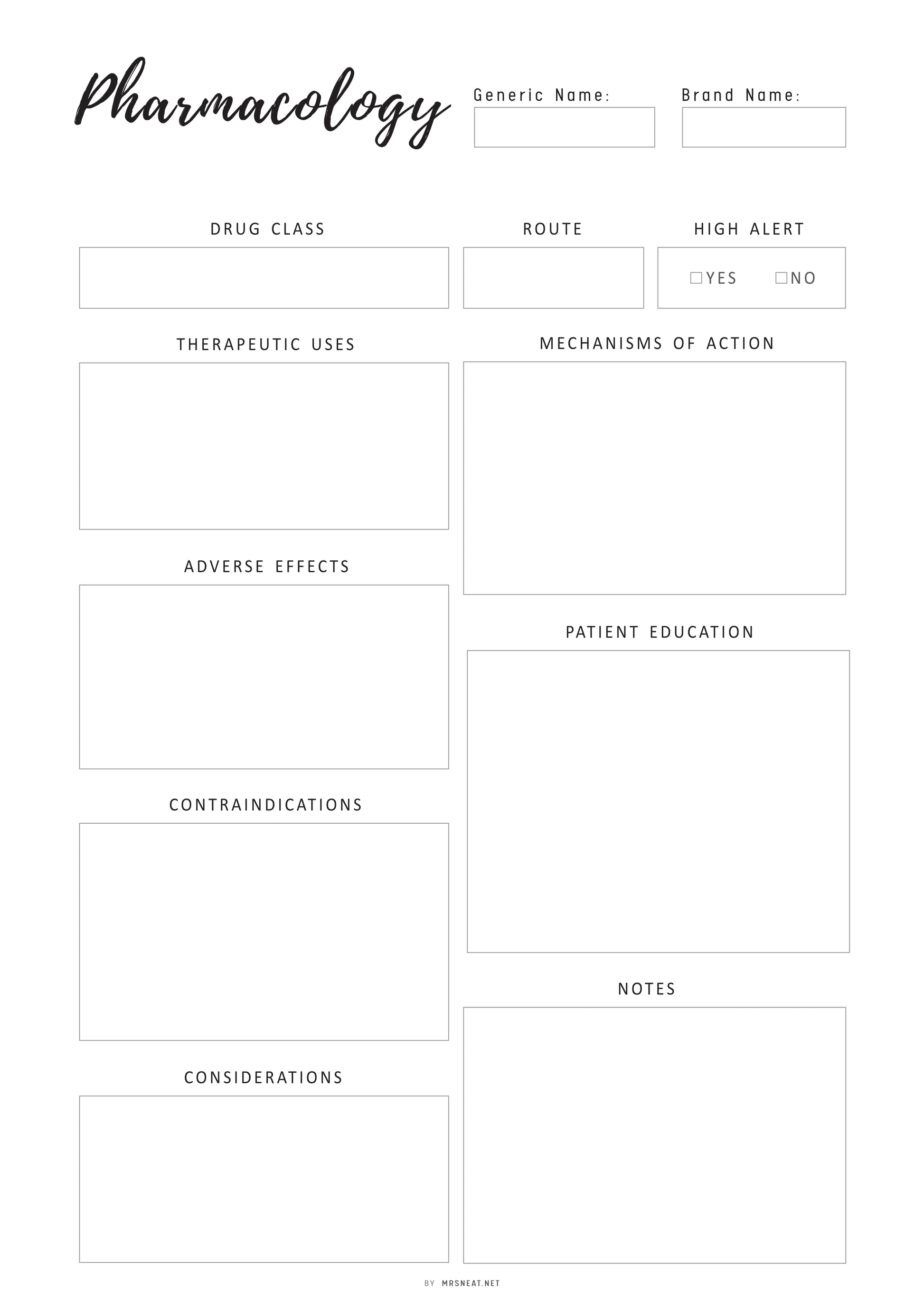 Blank form for pharmacology drug information with various sections.