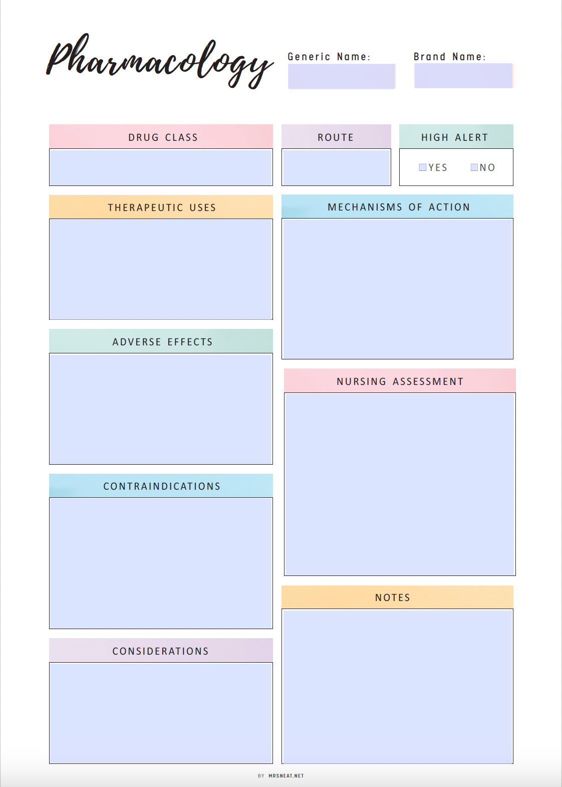 Pharmacology Notes Template Printable, A4, A5, Letter, Half Letter, 2 versions, Fillable versions, PDF, Printable insert