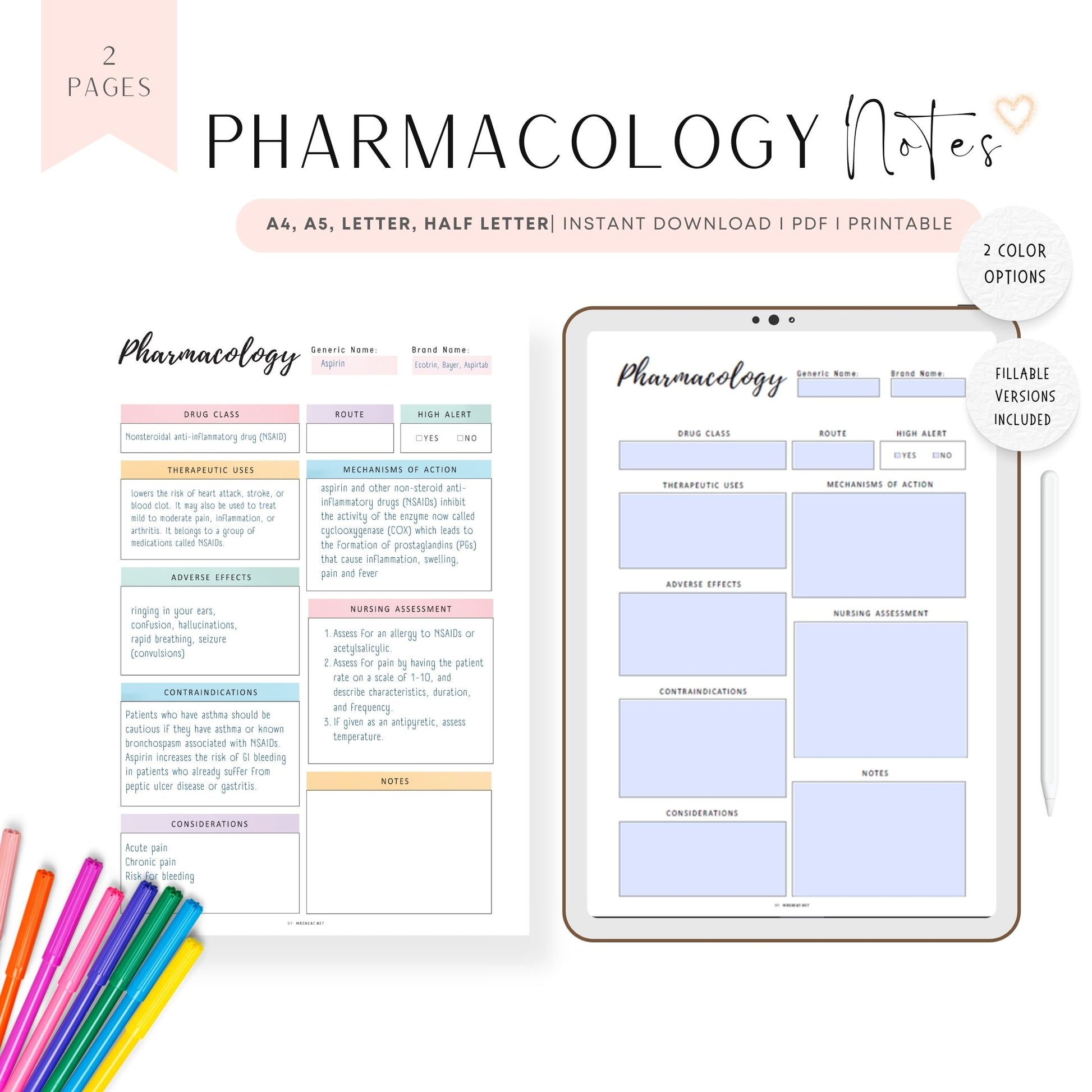 Pharmacology Notes Template Printable, A4, A5, Letter, Half Letter, 2 versions, Fillable versions, PDF, Printable insert