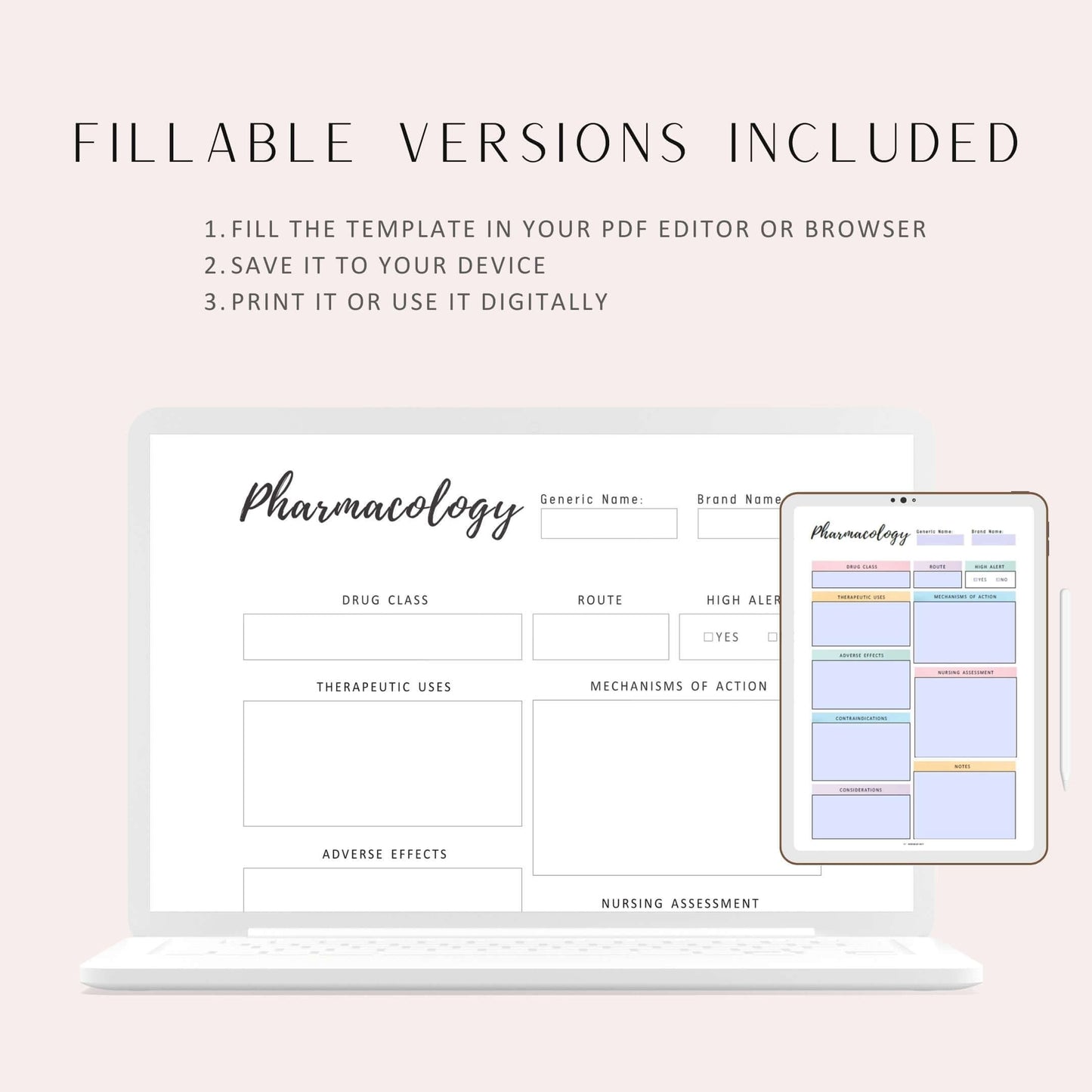 Pharmacology Notes Template Printable, A4, A5, Letter, Half Letter, 2 versions, Fillable versions, PDF, Printable insert