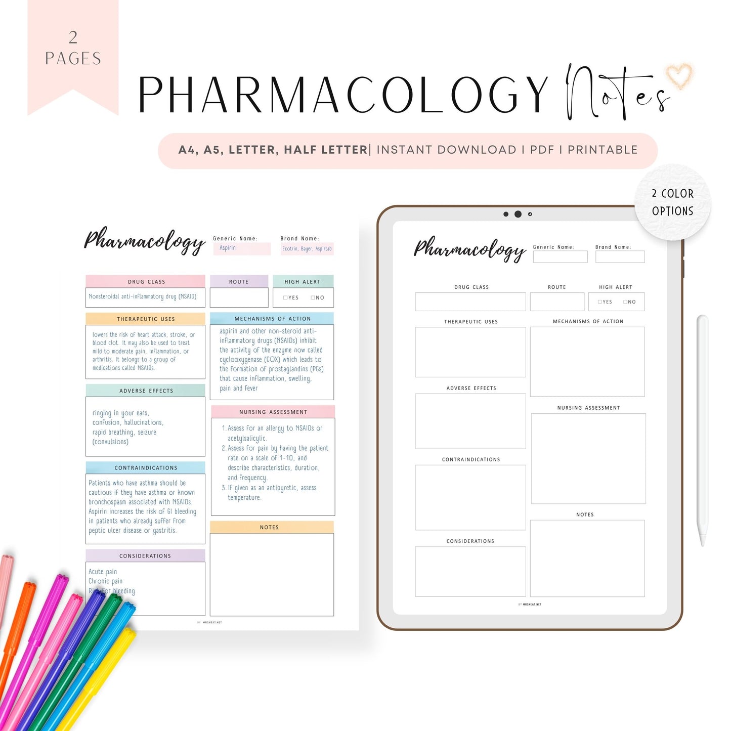 Pharmacology Notes Template Printable, 2 color options, A4, A5, Letter, Half Letter, Digital Planner
