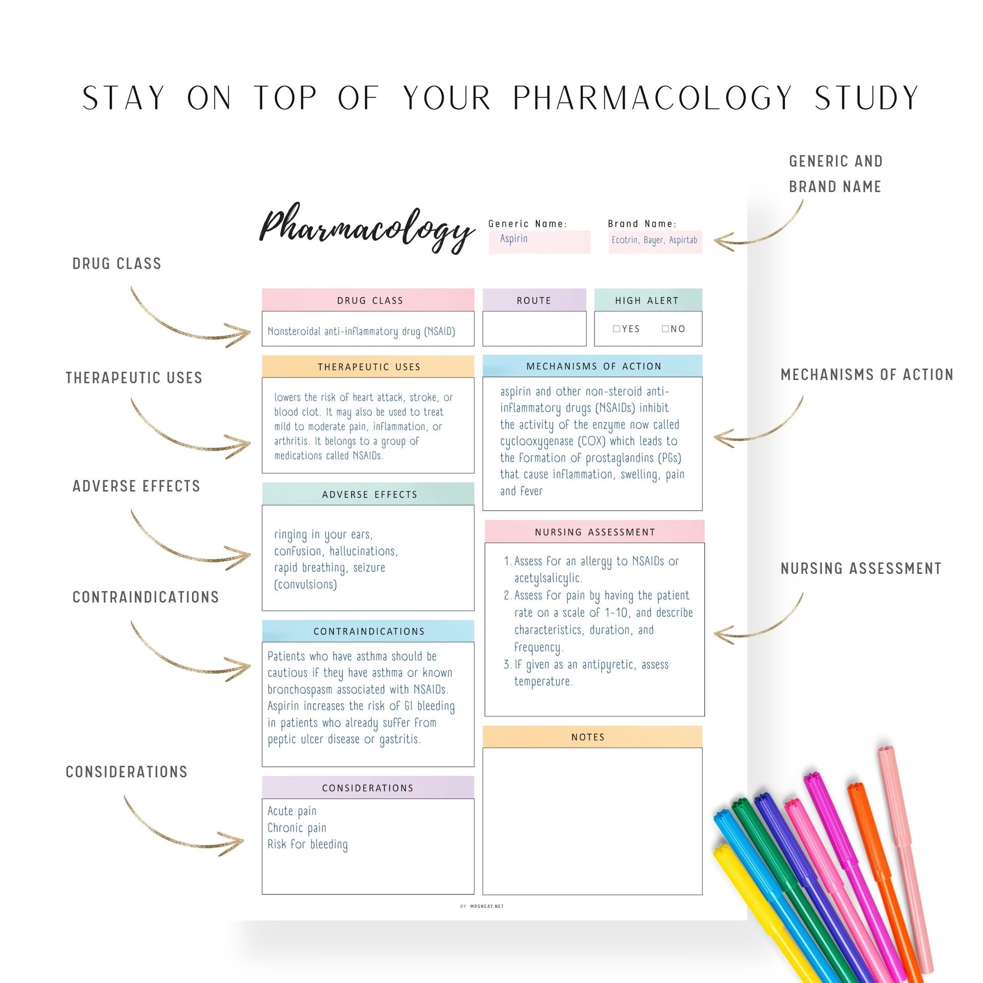 Pharmacology Notes Template Printable, Nursing Notes, Drugs Notes, 2 colors