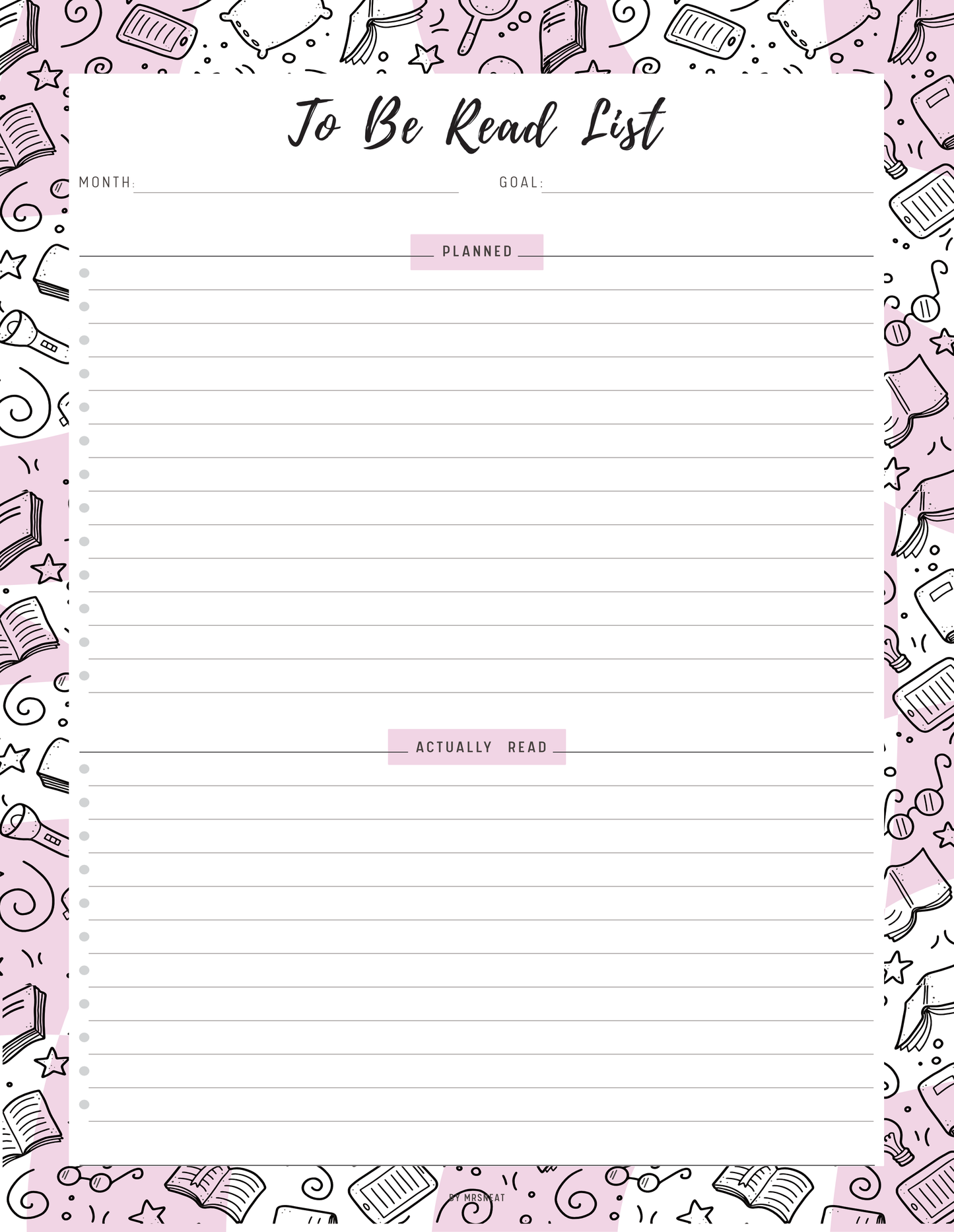 To-Be-Read List planner with pink border and book-themed design