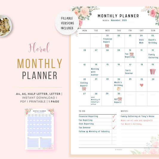 Free Pink Blush Floral Monthly Planner Printable, Fillable version, Printable Inserts, A4, A5, Letter, Half Letter, Digital Planner