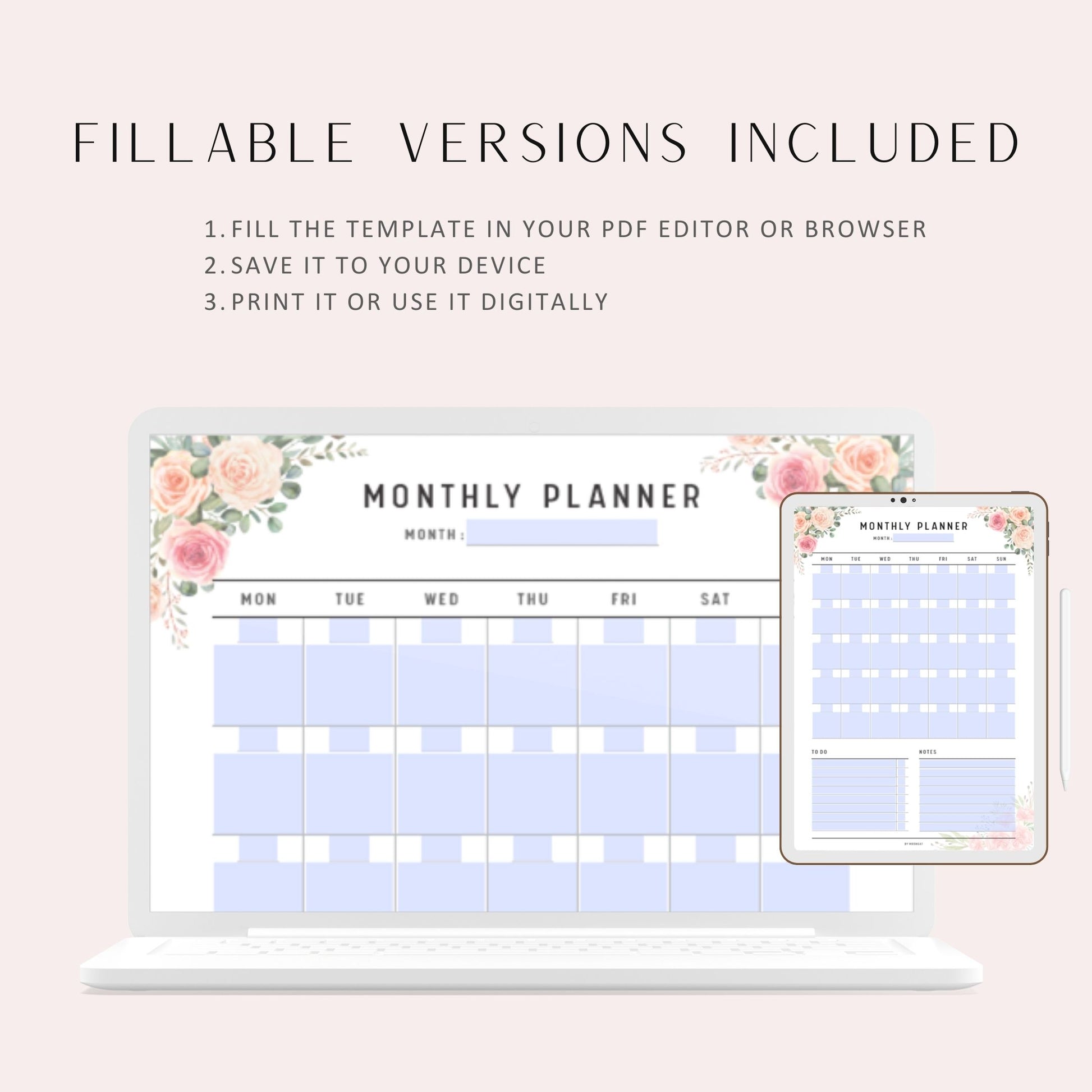 Free Pink Blush Floral Monthly Planner Printable, Fillable version, Printable Inserts, A4, A5, Letter, Half Letter, Digital Planner