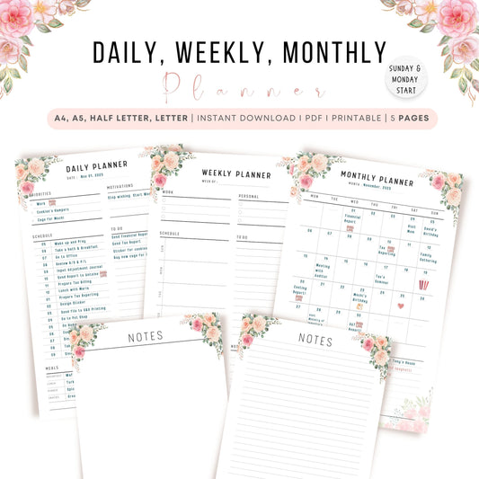 Pink Floral Daily Weekly Monthly Planner Printable