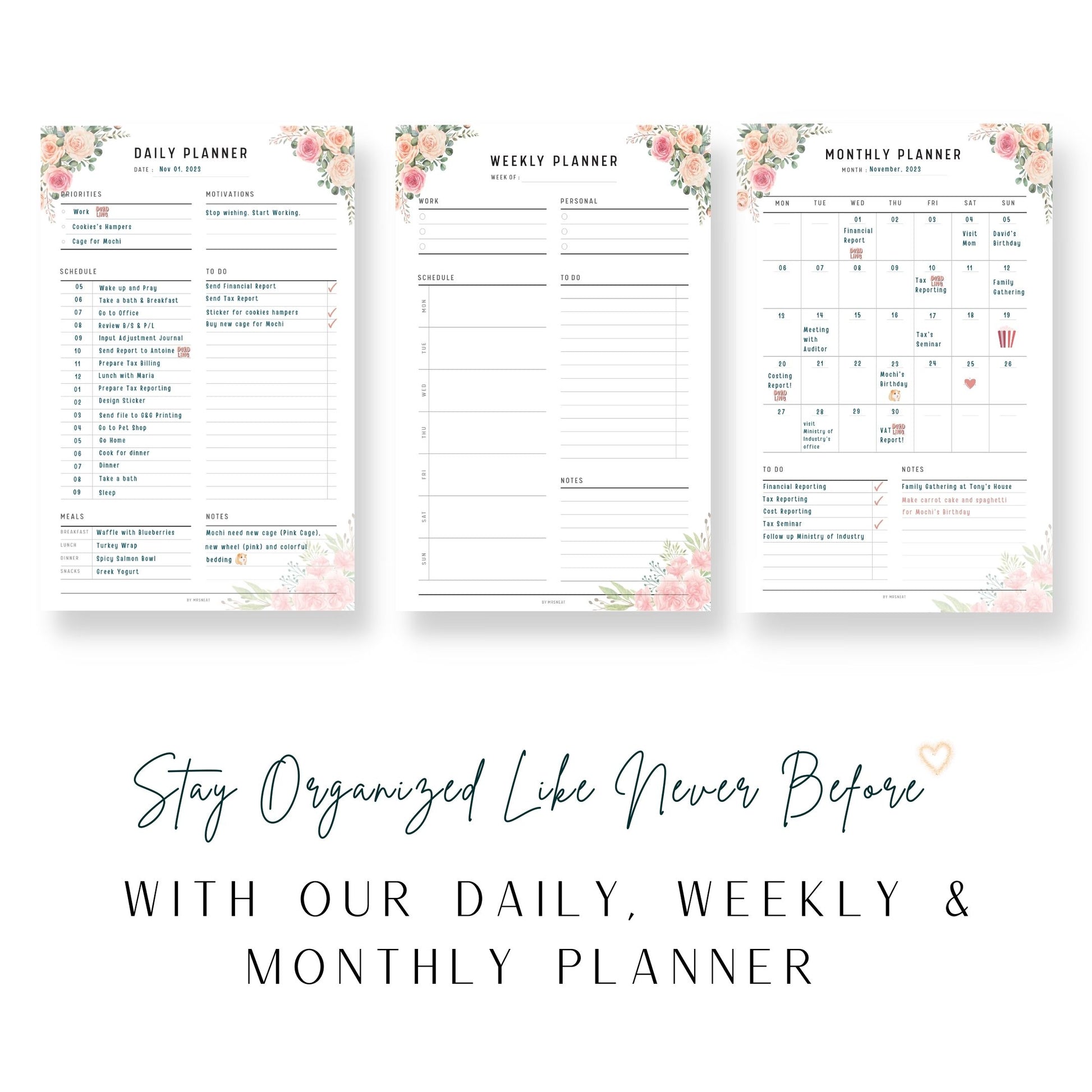Floral Pink Daily Weekly Monthly Planner Template