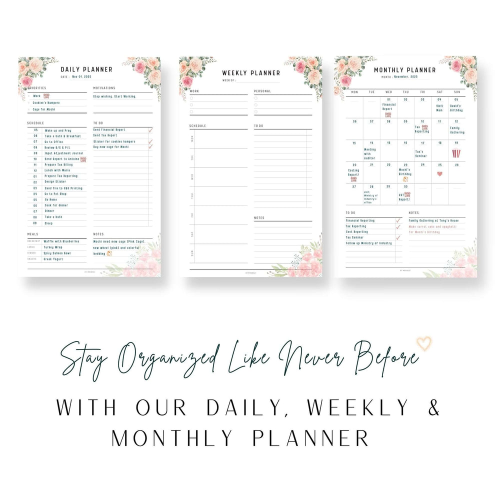 Pink Floral Daily, Weekly, Monthly Planner Printable - M239 – mrsneat