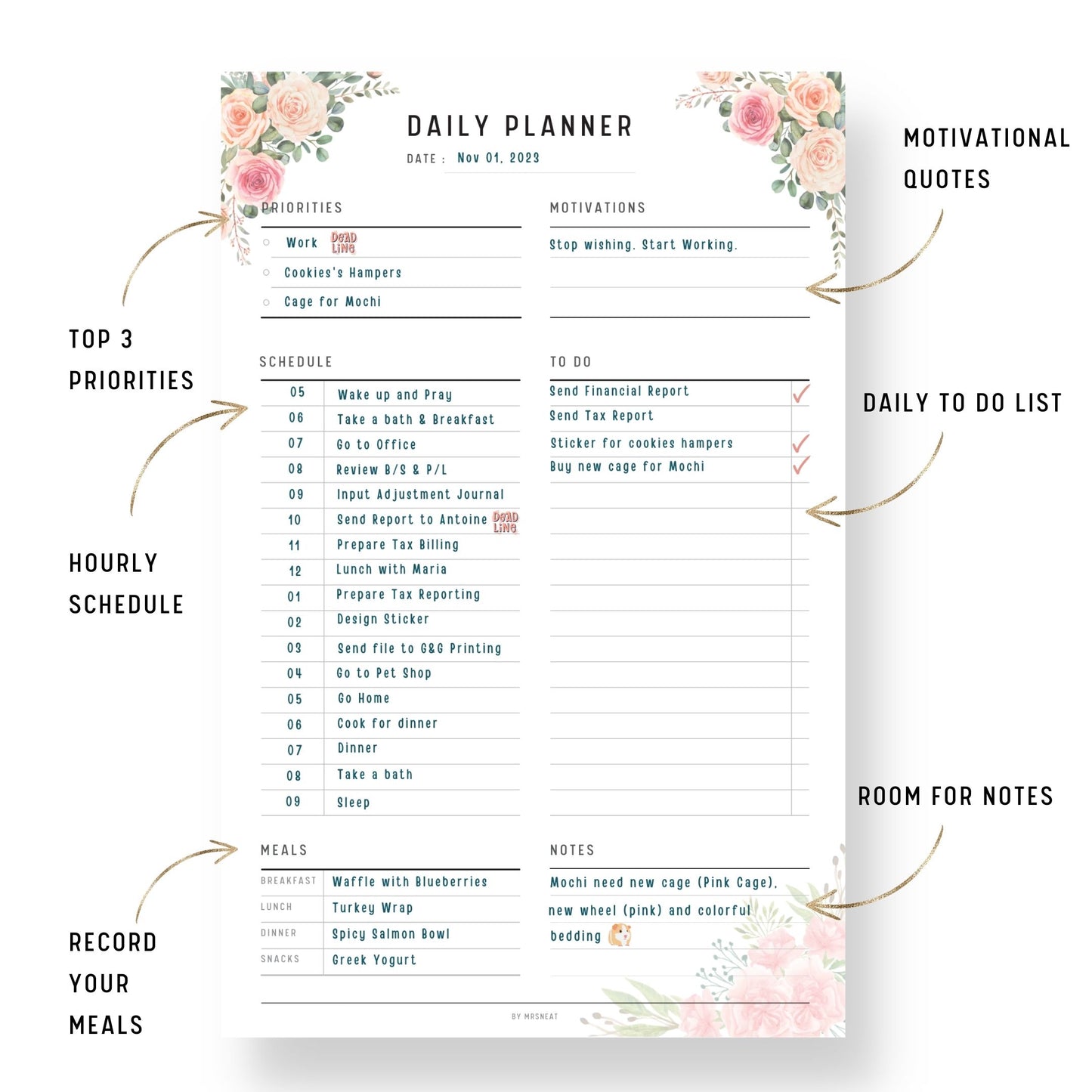 Pink Floral Daily Weekly Monthly Planner Printable