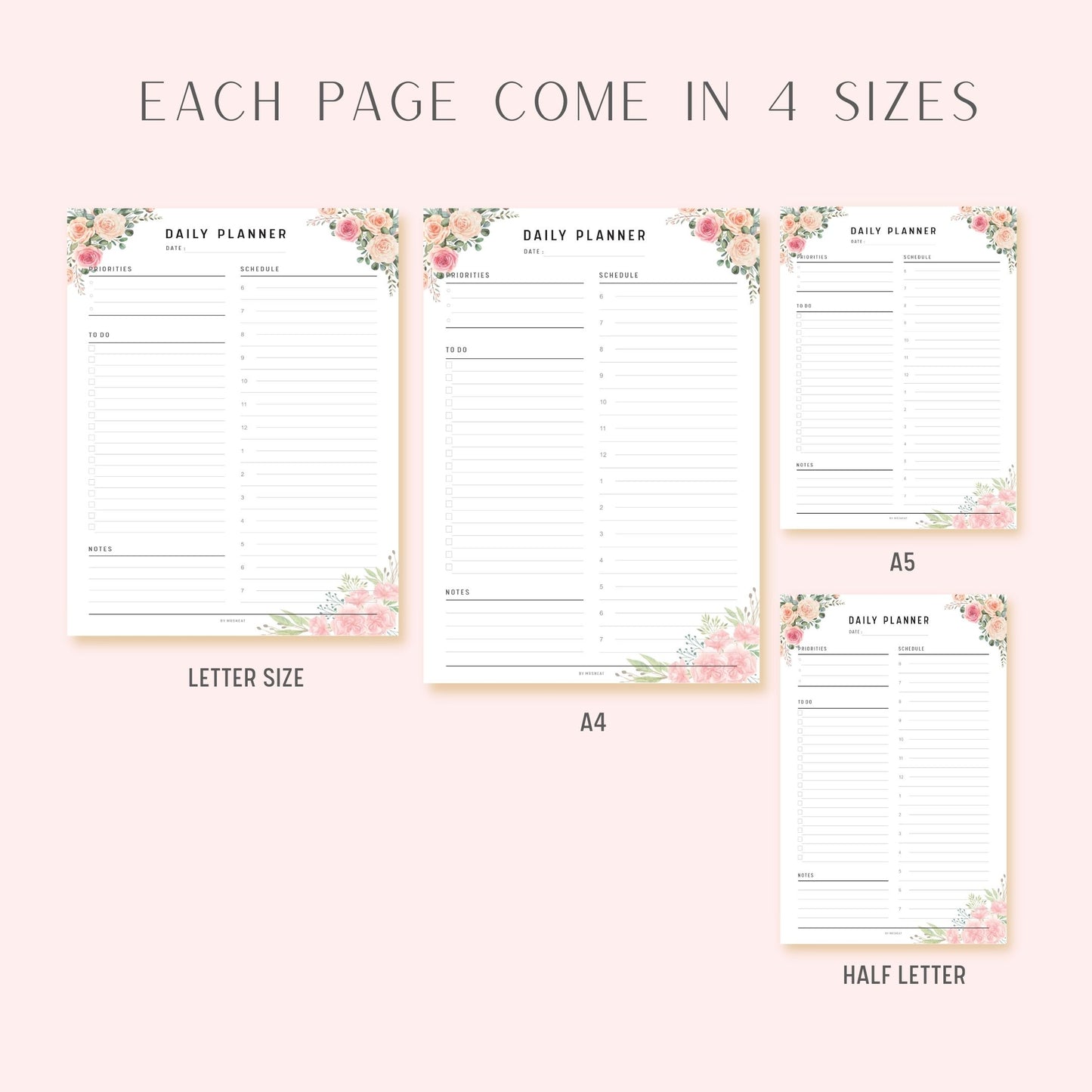 A4, A5, Letter, Half Letter Pink Floral Daily Weekly Monthly Planner Printable