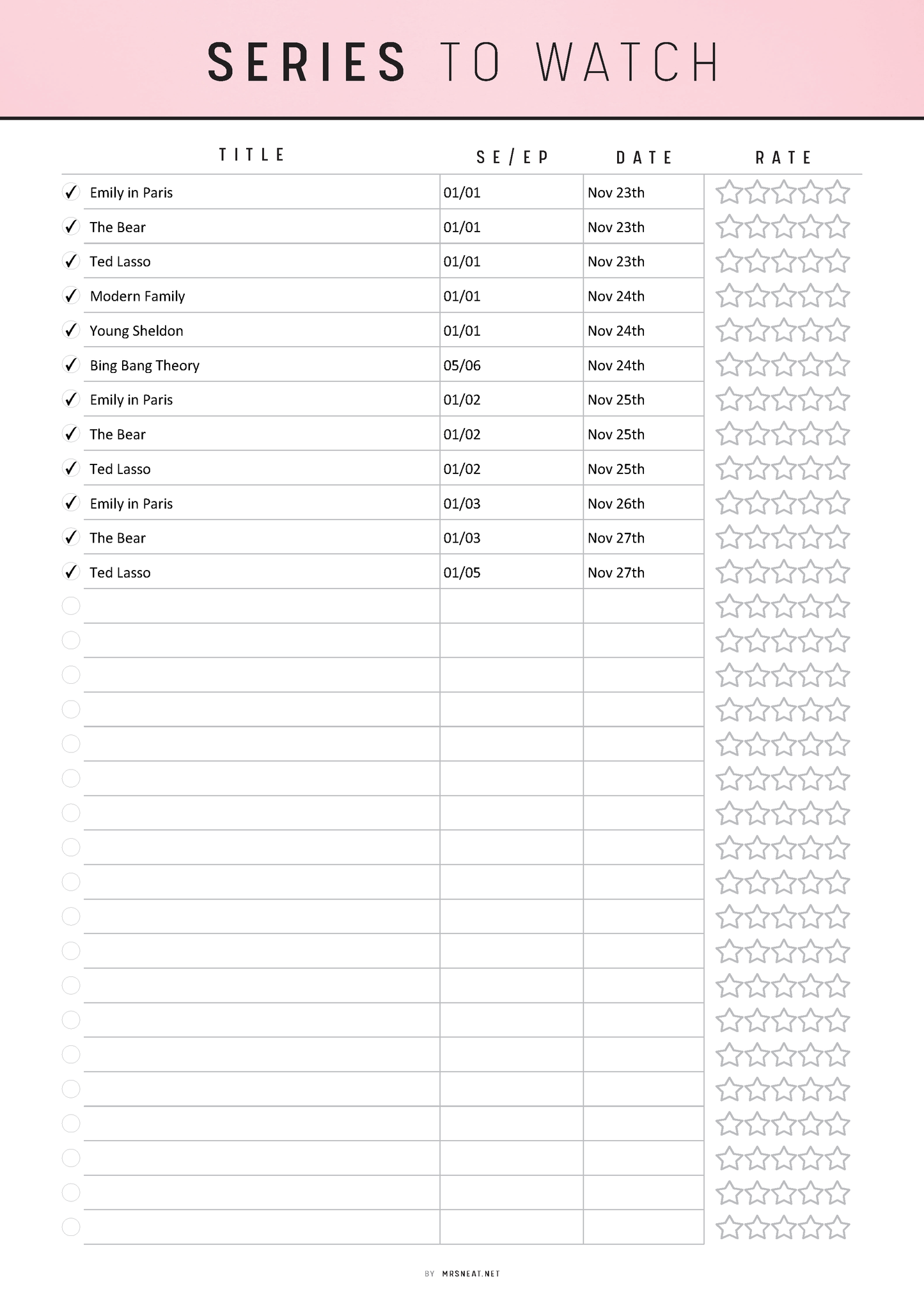 Fillable Series To Watch Template Printable, Movie Series To Watch List, PDF, A4, A5, Letter, Half Letter, 6 colors