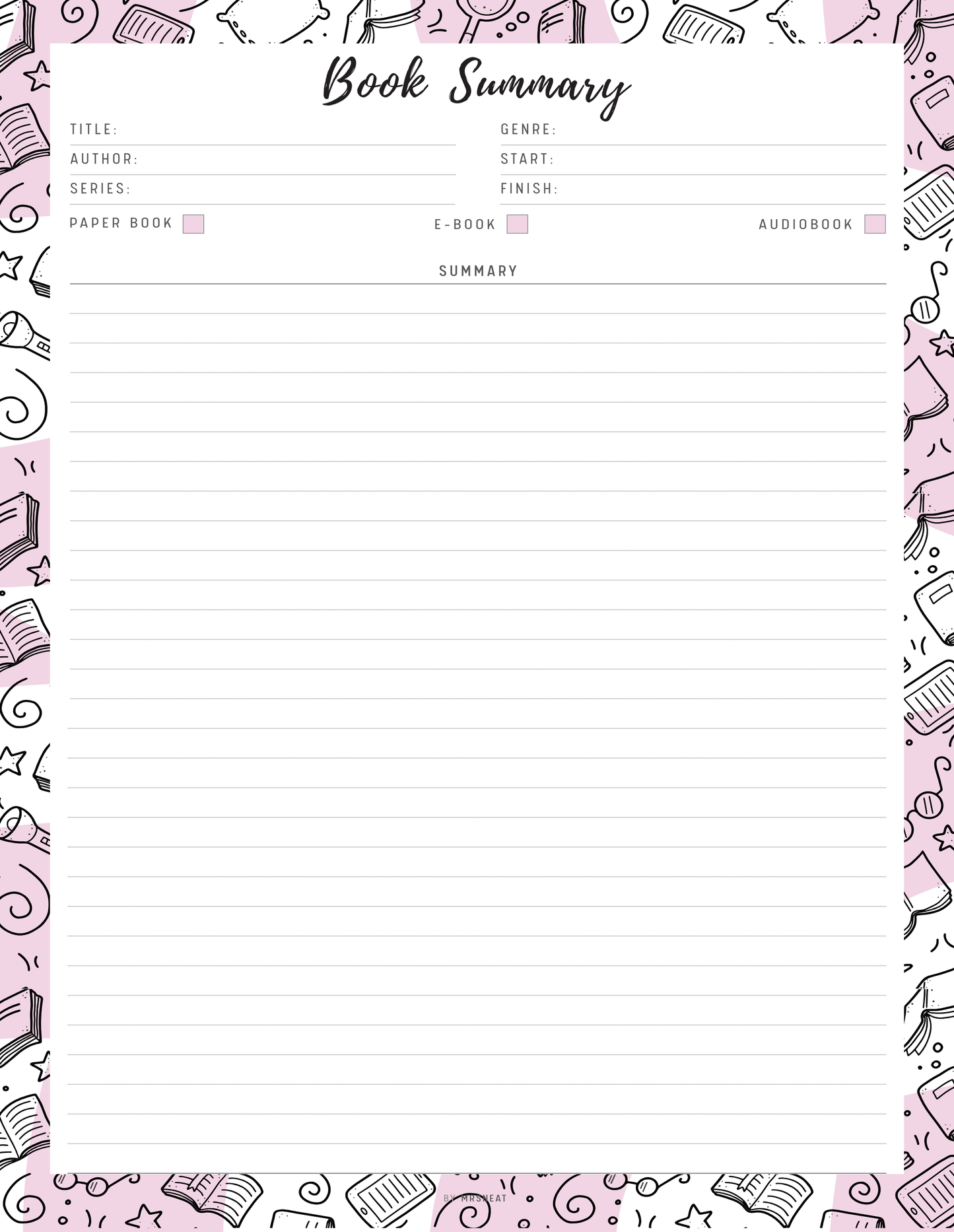 Book Summary Template Printable, 2 versions, 5 Colors, A4, A5, Letter, Half Letter, Digital Planner