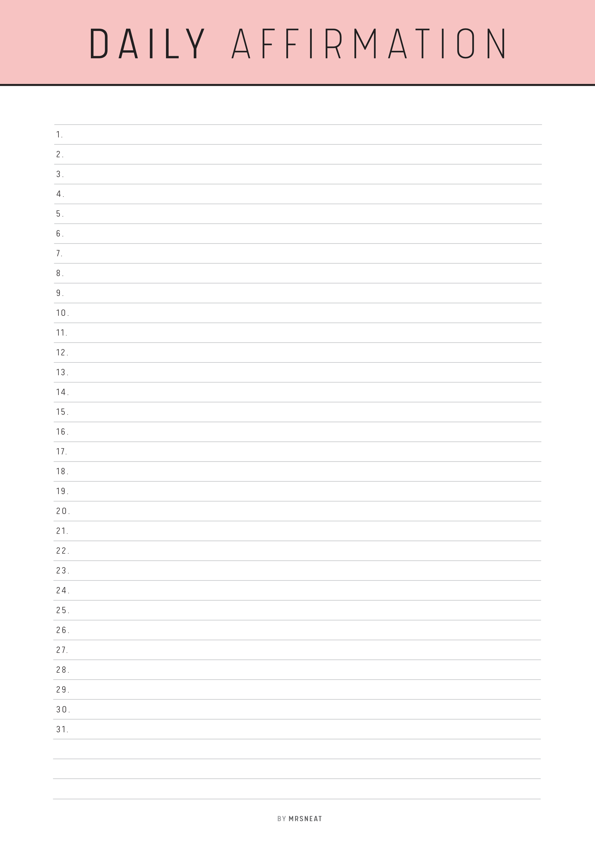 Daily affirmation list on a white background with a pink header