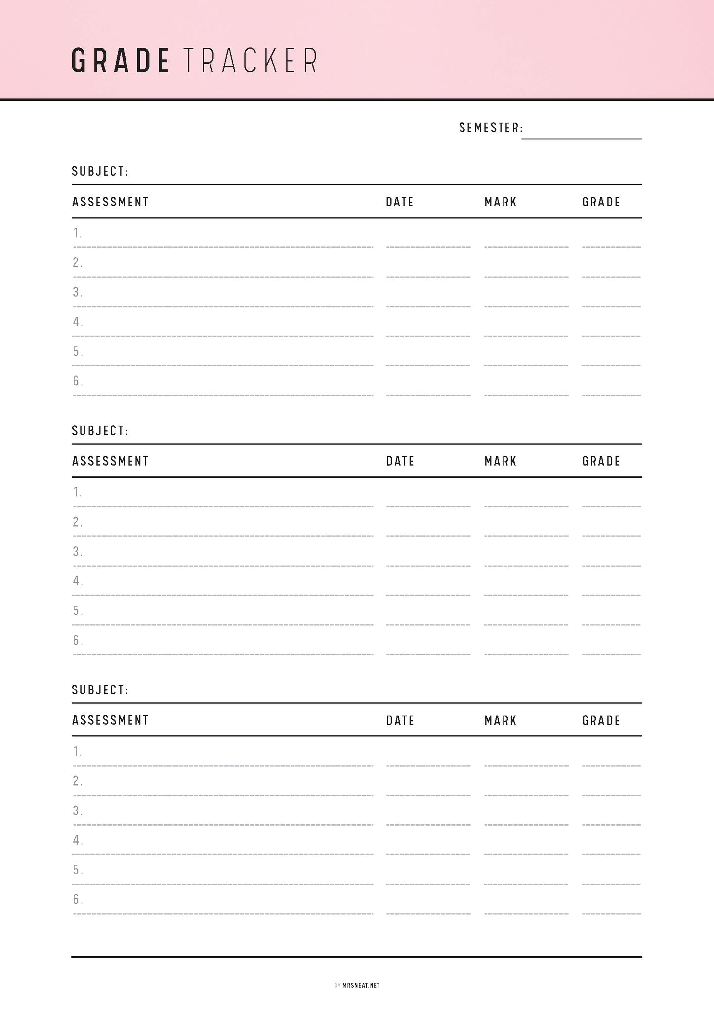 Grade tracker with a pink header on a white background