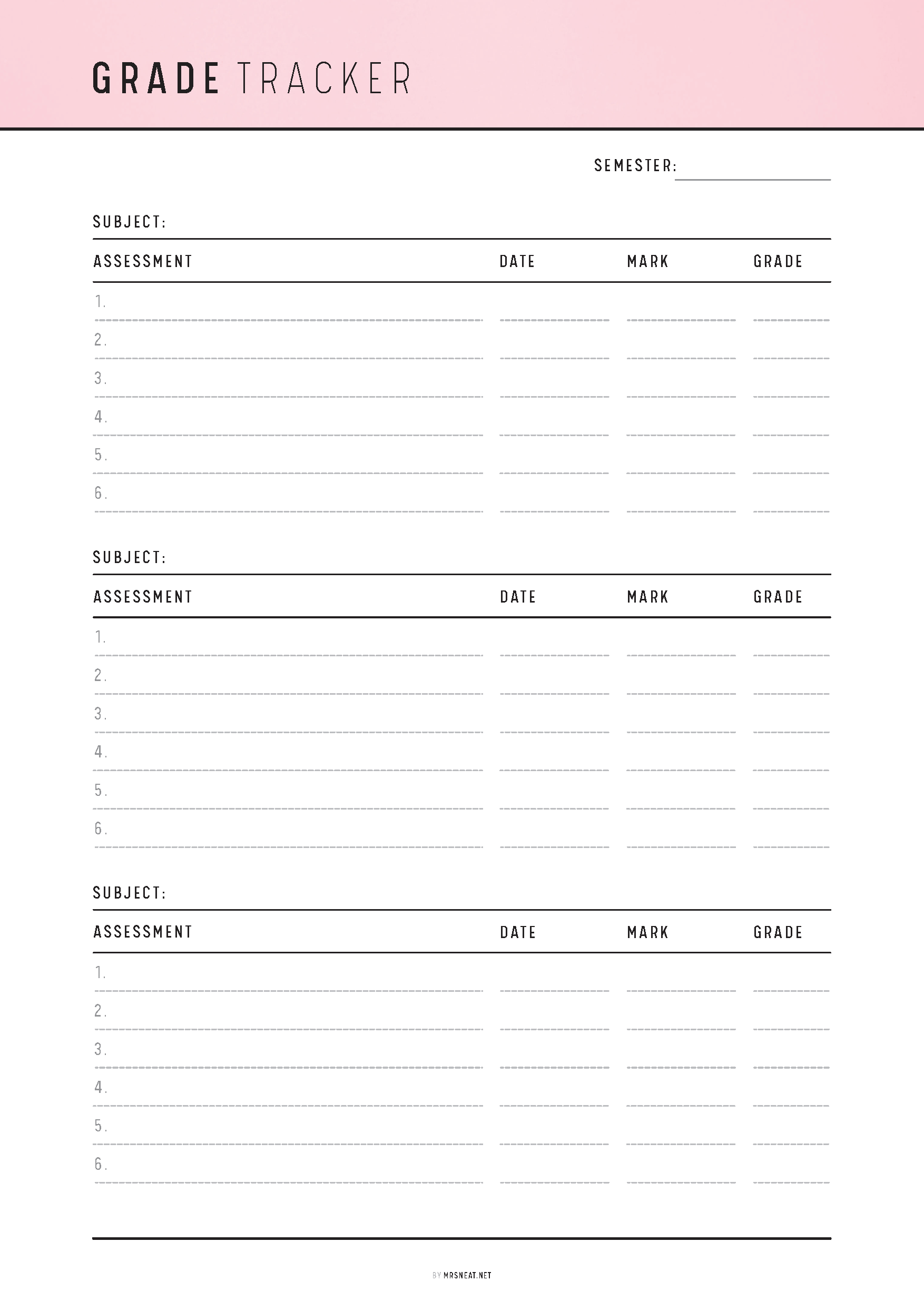 Grade tracker with a pink header on a white background