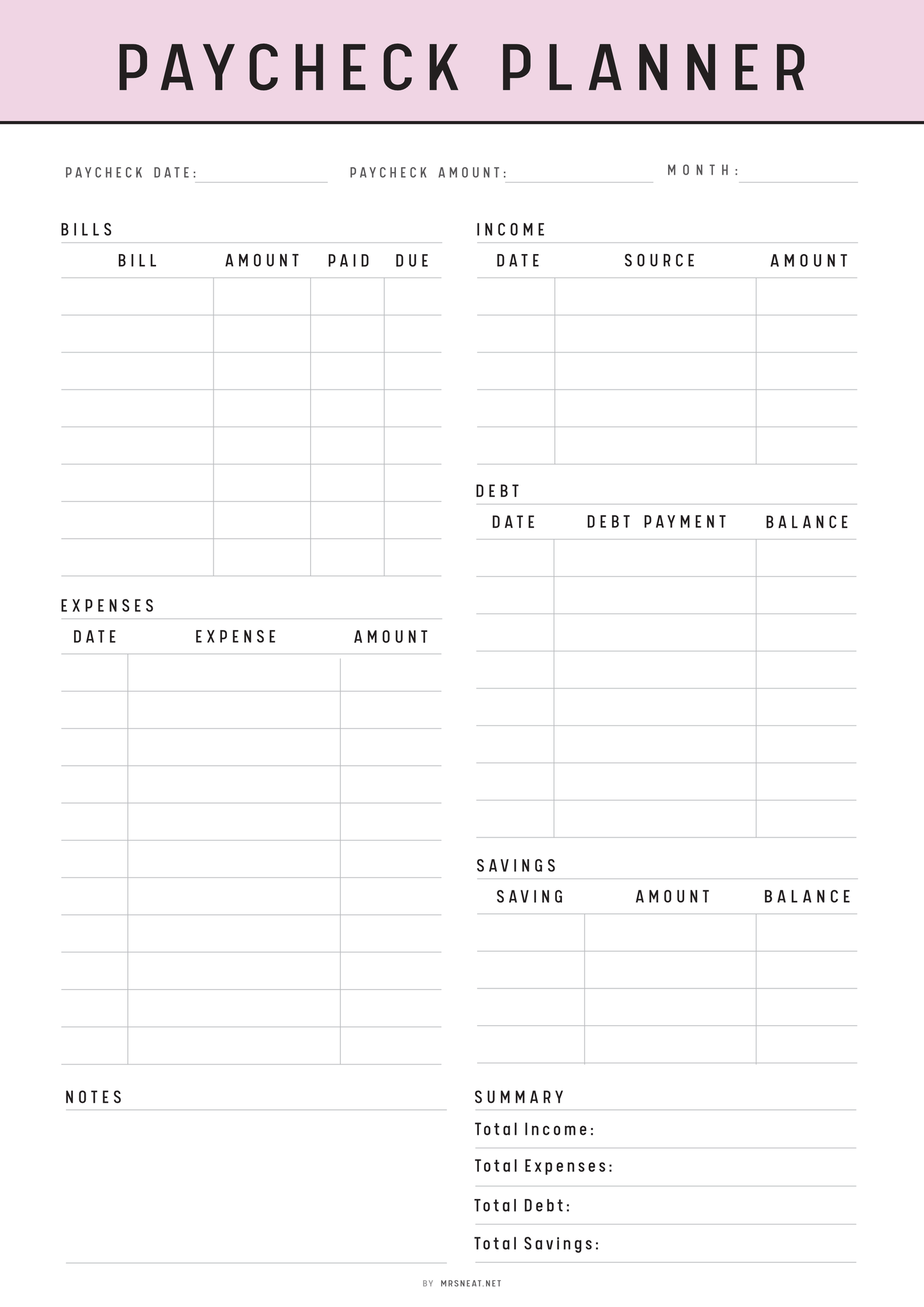 Paycheck Budget Template Printable, A4, A5, Letter, Half Letter, 5 color options included, Green, Peach, Blue, Pink, Minimalist Budget Planner Template, Digital Planner