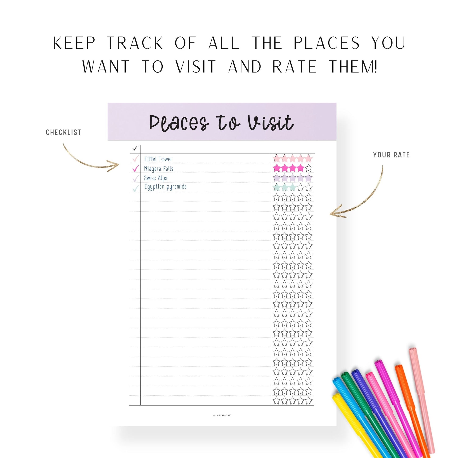 Beautiful Purple Places to visit template printable