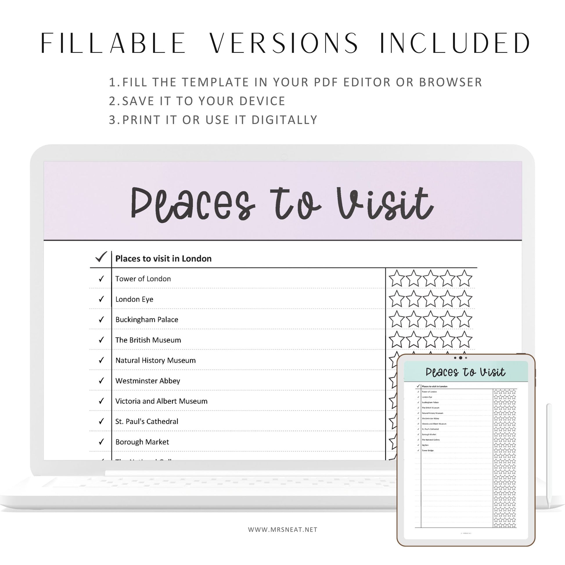 Fillable Places To Visit Template Printable, Places to visit List, Best Places Log, Travel Tracker, PDF, 6 colors, A4/A5/Letter/Half Letter