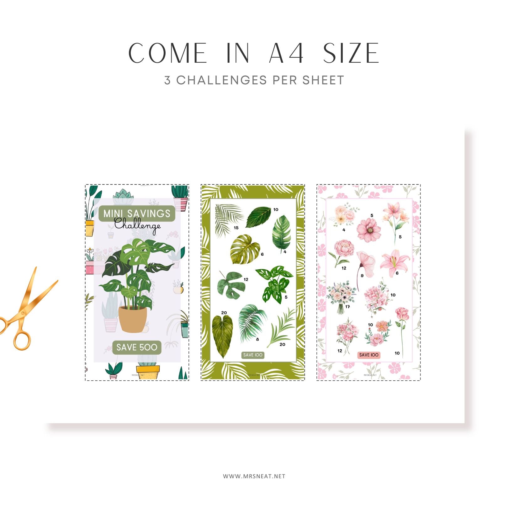 Three plant-themed saving challenge cards with green leaves, pink flowers, and potted plants on a white background.