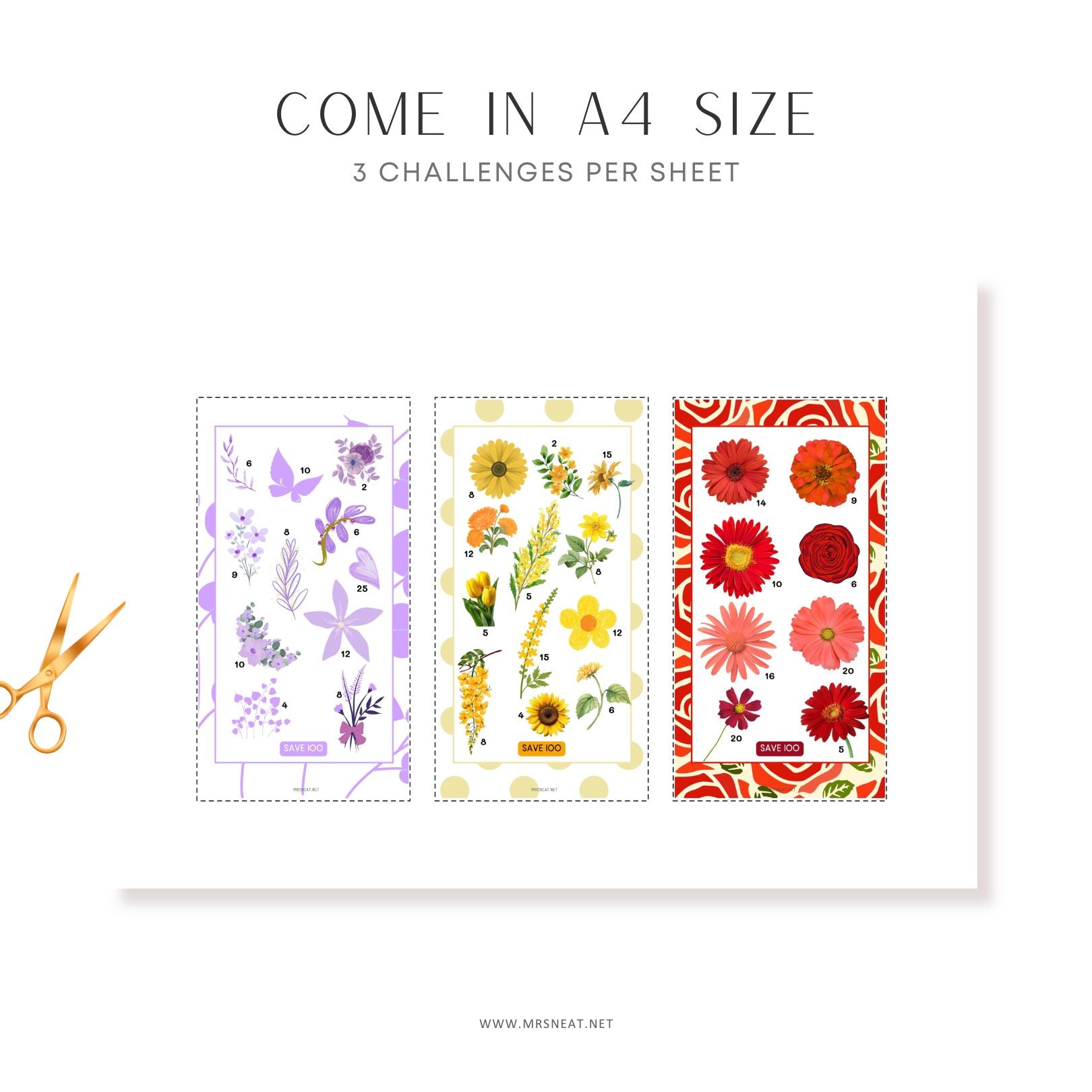 Three floral design sheets with scissors on a white background